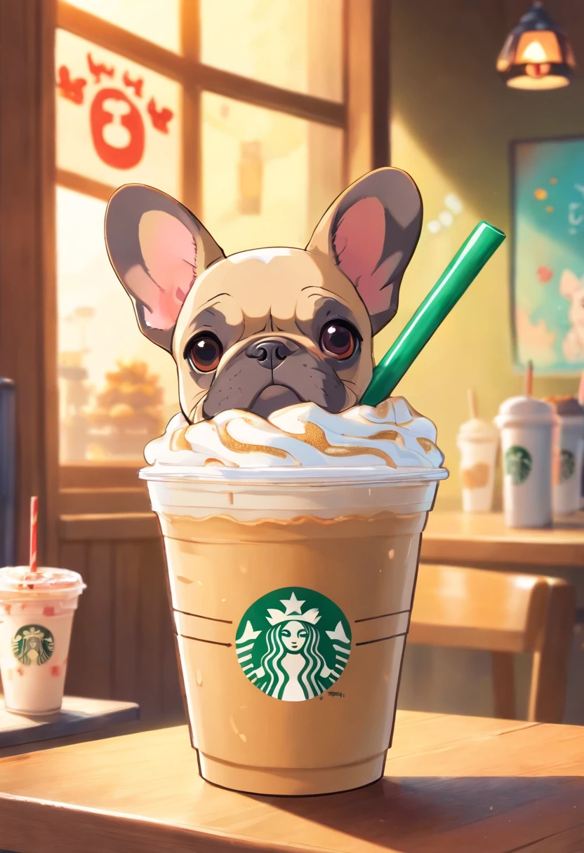 Unique, Cartoonish playful French bulldog-shaped cup, Colorful Starbucks-style frappuccino, French Bulldog Logo.