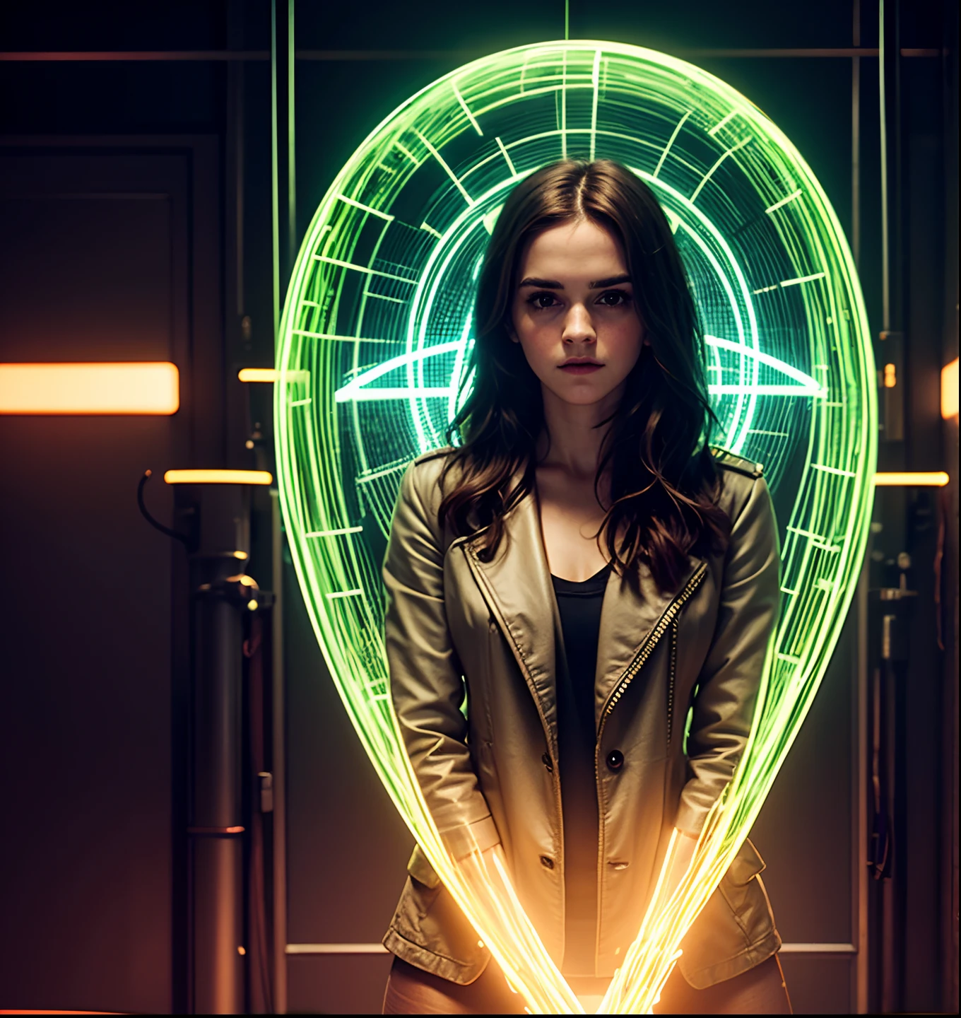 Emma Watson, hacker extraordinaire, illuminated by neon lights, her gaze fierce amidst a web of code and cascading lines.