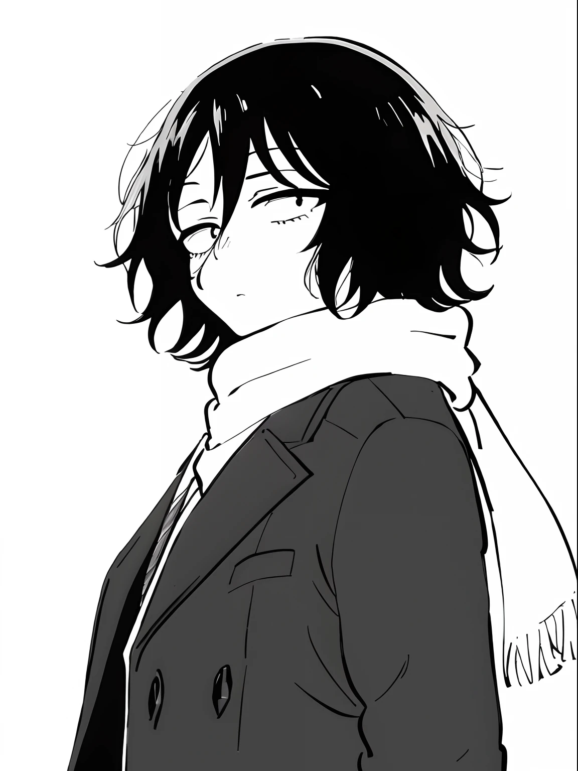 art of Akira Asai looking to the side, scarf, coat, black and white, (sketch), (monochrome), ((white background)), ((blank background)), ((manga style)), manga, dark hair, medium hair, Call of the Night, (1girl), raw sketch, small pupils, upper top, thick lines, windy