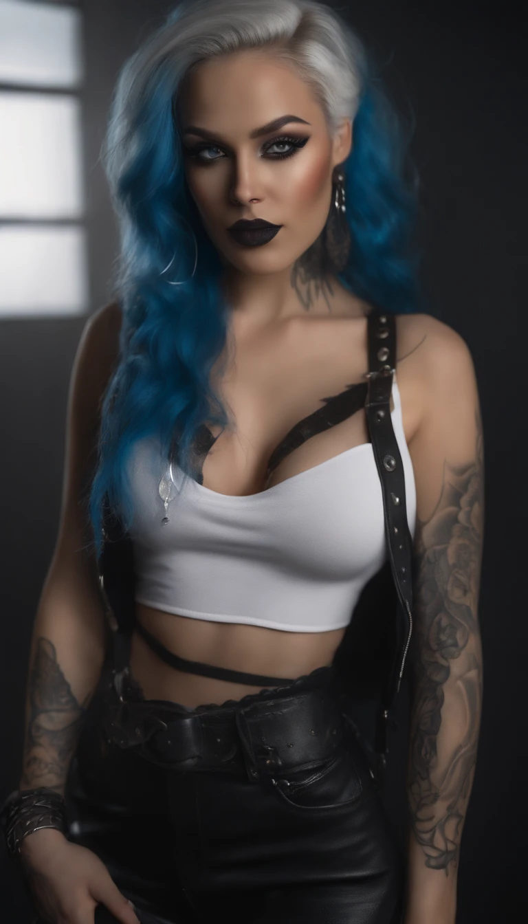 (best quality,4k,8k,highres,masterpiece:1.2),ultra-detailed,(realistic,photorealistic,photo-realistic:1.37),goth girl,black bra,blue hair,face piercings,tattoos,big boobs,dark clothing,striking makeup,intense expression,pale skin,long silky hair,dark lipstick,dramatic lighting,edgy atmosphere,grungy background,electric blue eyeshadow,silver nose ring,smoky eye makeup,mysterious aura,vivid colors,contrast shadows,single light source,severe gaze,confident posture,rock music playing,rock concert backdrop,skull tattoo on forearm,biker boots,leather jacket,black nail polish,dark background,black lace choker,straight bangs,smoky eyeliner,pierced ears,dramatic pose