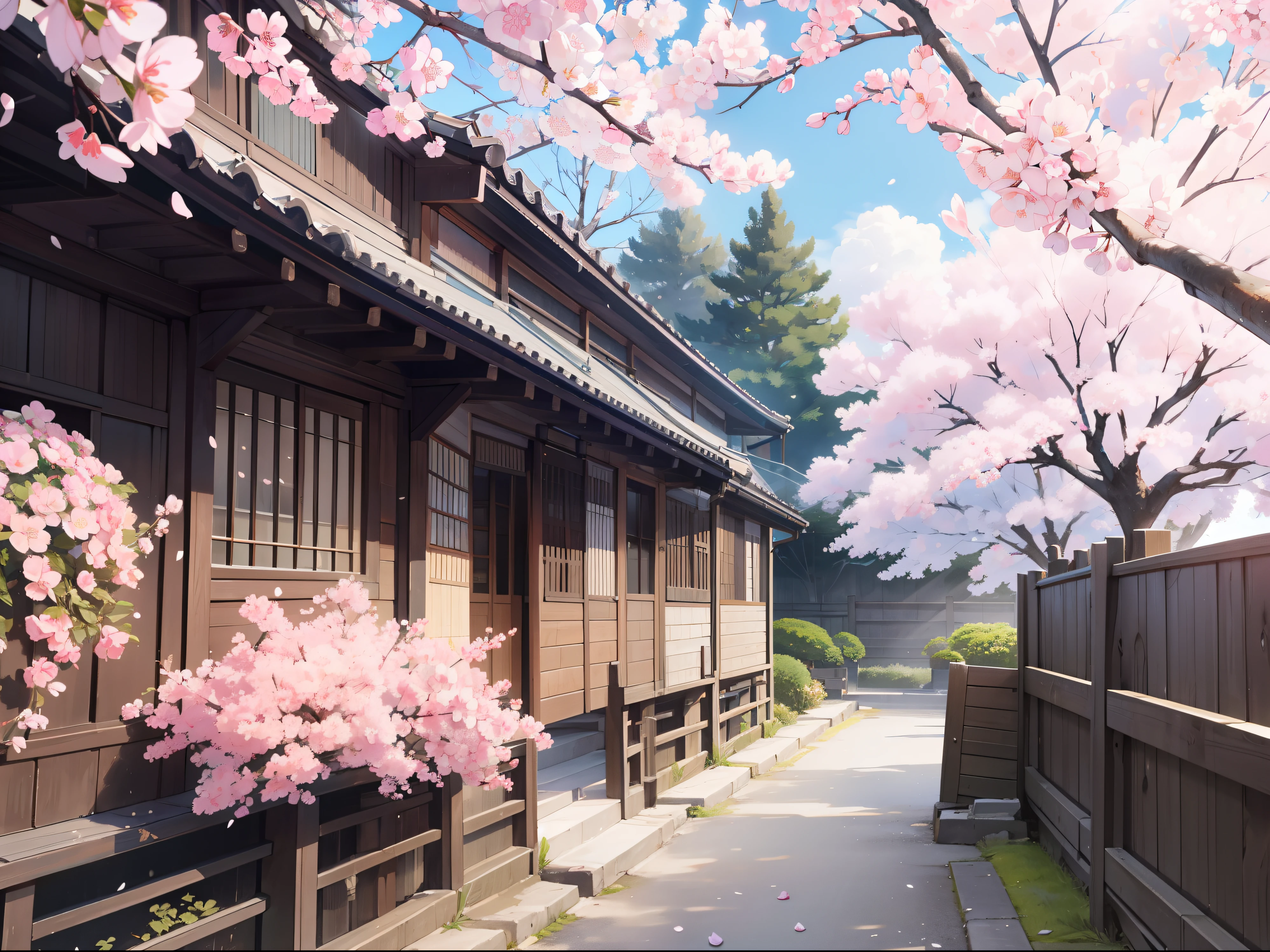 Antecedentes com、extremamente detalhado CG unificado 8k wallpaper, papel de parede 8KCG muito fino, absurdos ，best quality ，ultra-detalhada ，Light blue cherry blossoms are blooming、Paisagem urbana de Taisho、Capital imperial