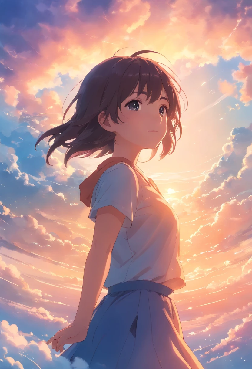 masterpiece, best quality, movie still, 1girl, cloud girl, floating in the sky, close-up, bright, happy, warm soft lighting, sunset, (sparks:0.7)
