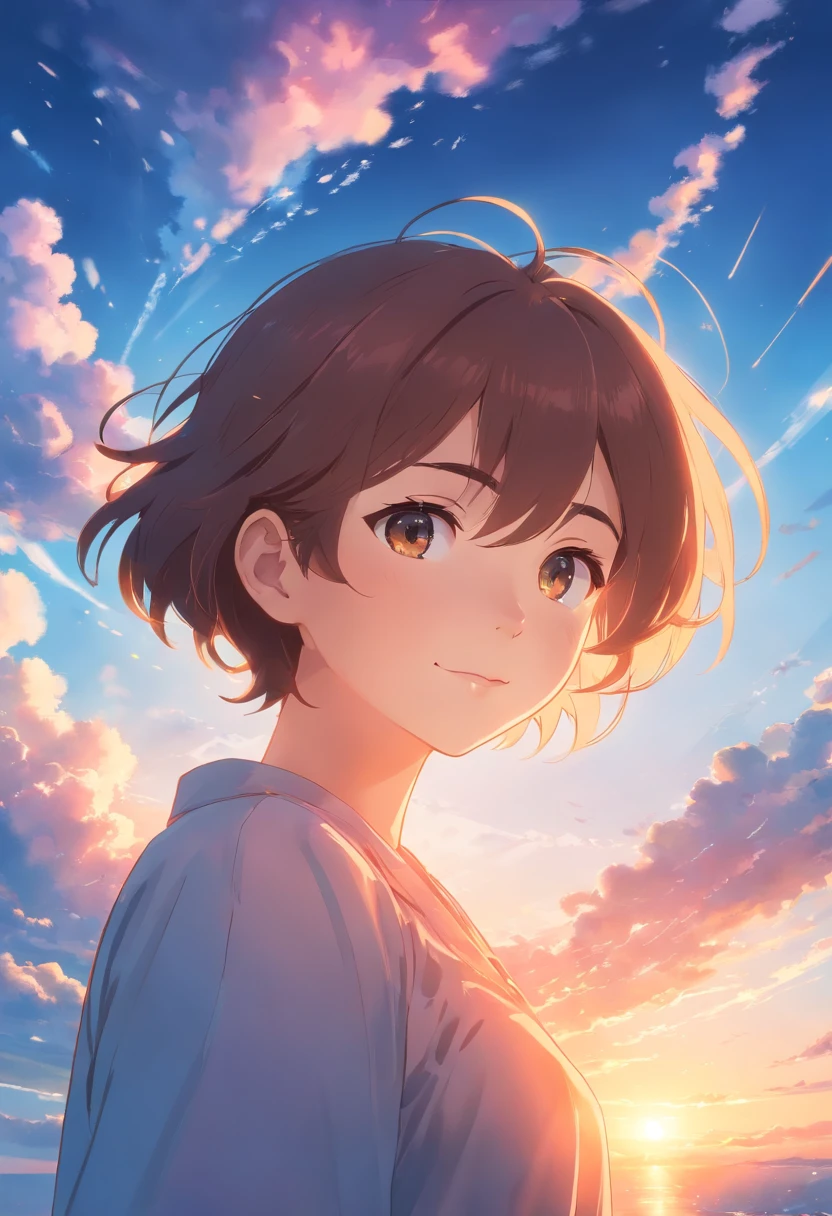 masterpiece, best quality, movie still, 1girl, cloud girl, floating in the sky, close-up, bright, happy, warm soft lighting, sunset, (sparks:0.7)