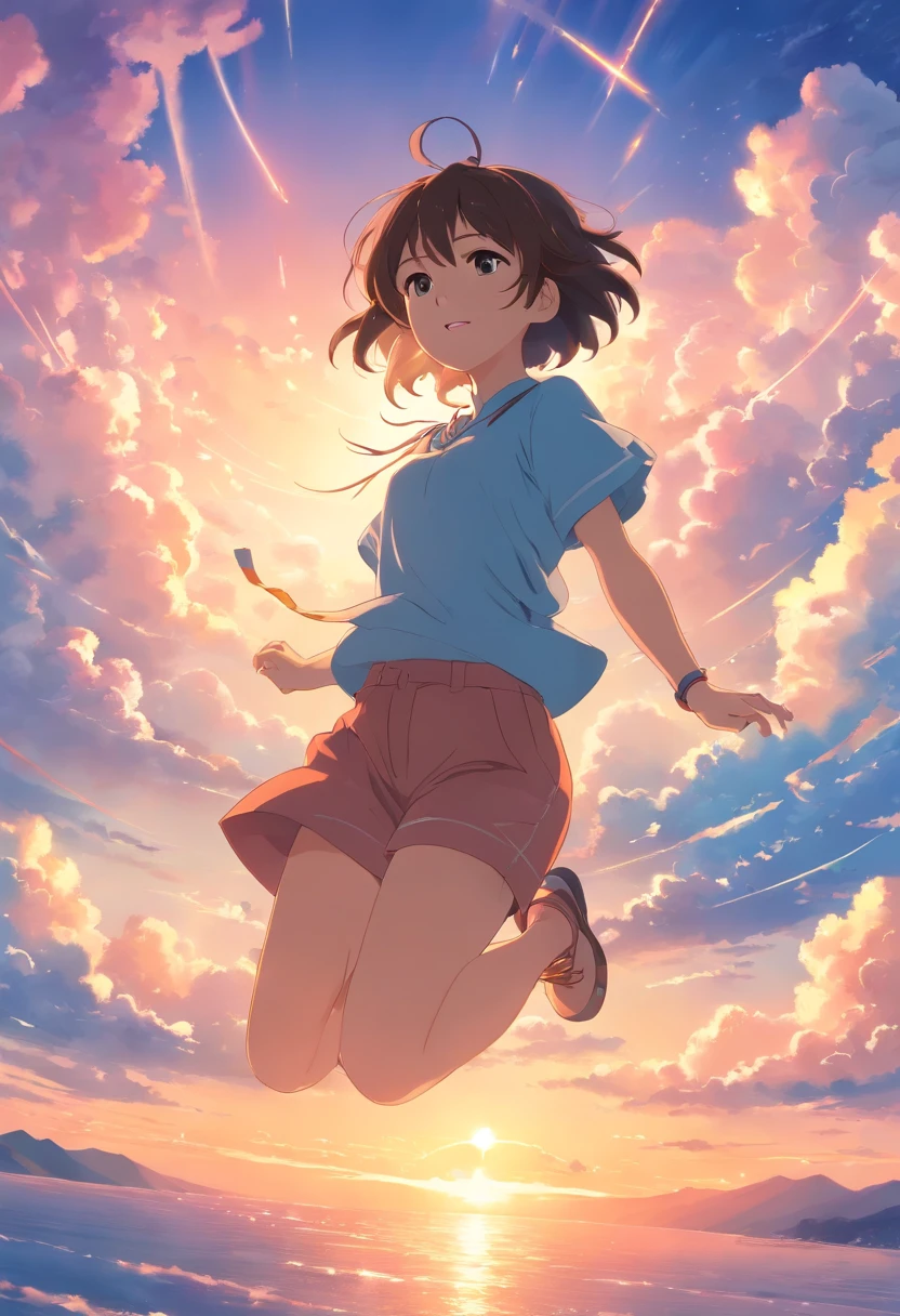 masterpiece, best quality, movie still, 1girl, cloud girl, floating in the sky, close-up, bright, happy, warm soft lighting, sunset, (sparks:0.7)