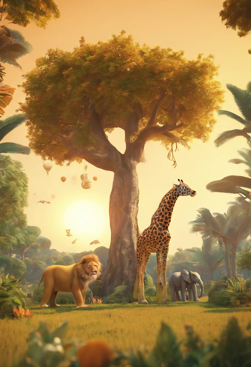 Lion, giraffe,Monkey in a tree,Elephant, tiger,Forest, beautiful nature kids style