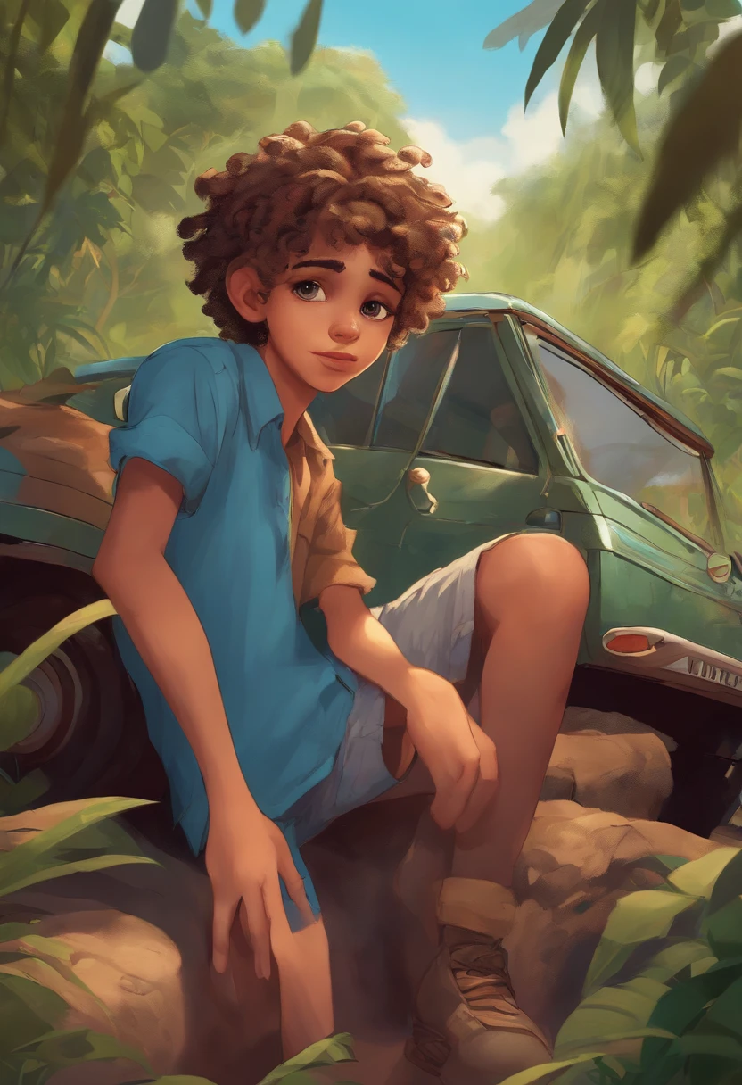 1boy, Shooting, Rags, Blue shirt, full-body, Original Character, cartoon, Jungle Girl, young, A beautiful and sensitive face on top of a car with his friends