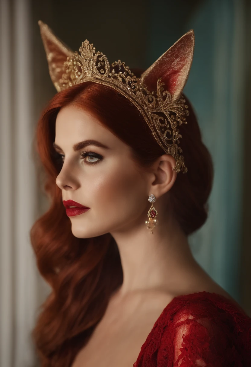 altamente detalhado, erotic seducer Lana Del Rey with lace cat ears, choro, (peituda, red hair), centrado no rosto, Face Focada, olhos intrincados,