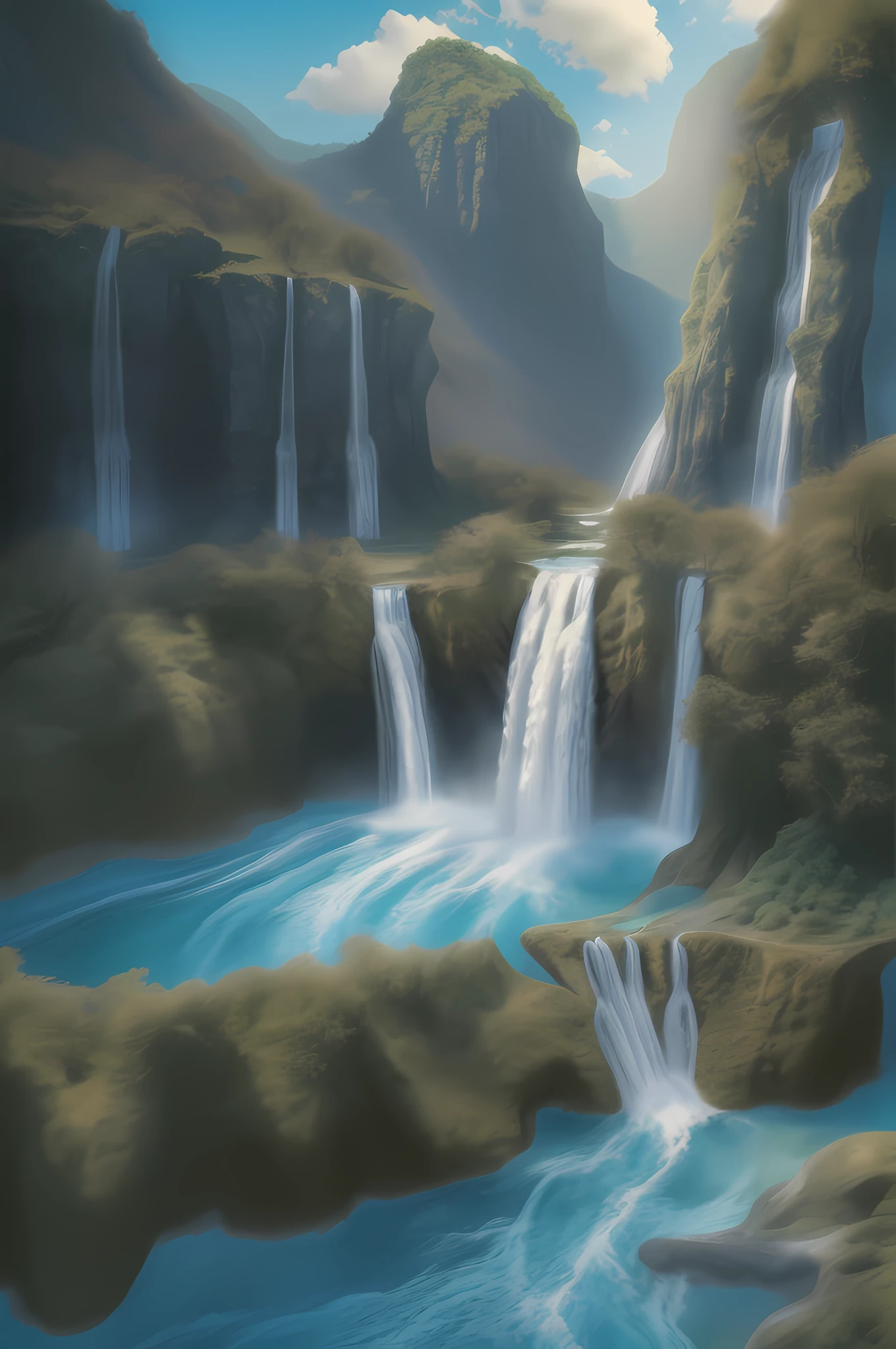 National Geographic style picture, Award winning,(best detailed: 1.5) a picture of a waterfall coming of a (dragon mouth carved on the mountain: 1.4), there is a huge rocky, steep cliff of a mountain on it there is (huge head of dragon: 1.3) carved on it, (best detailed: 1.3), from the mouth a massive, (epic waterfall comes out pouring and gushing: 1.4), there are several levels of the waterfall, you can see the force of the fall of the water, the water falls into a massive pool, of crystal clear water, in many shades of vibrant, full spectrum of blue, azure, verdant and green, the water are calm, and clear, there are some eagles flying by, a long shot, (the sun is rising and being reflected in the pool: 1.4), a tropical forest background, and a mountain range in the horizon, (photorealistic: 1.2), 16k, RAW, award winning, (best detailed: 1.5), masterpiece, best quality, (best detailed: 1.3), full body, ultra wide shot
