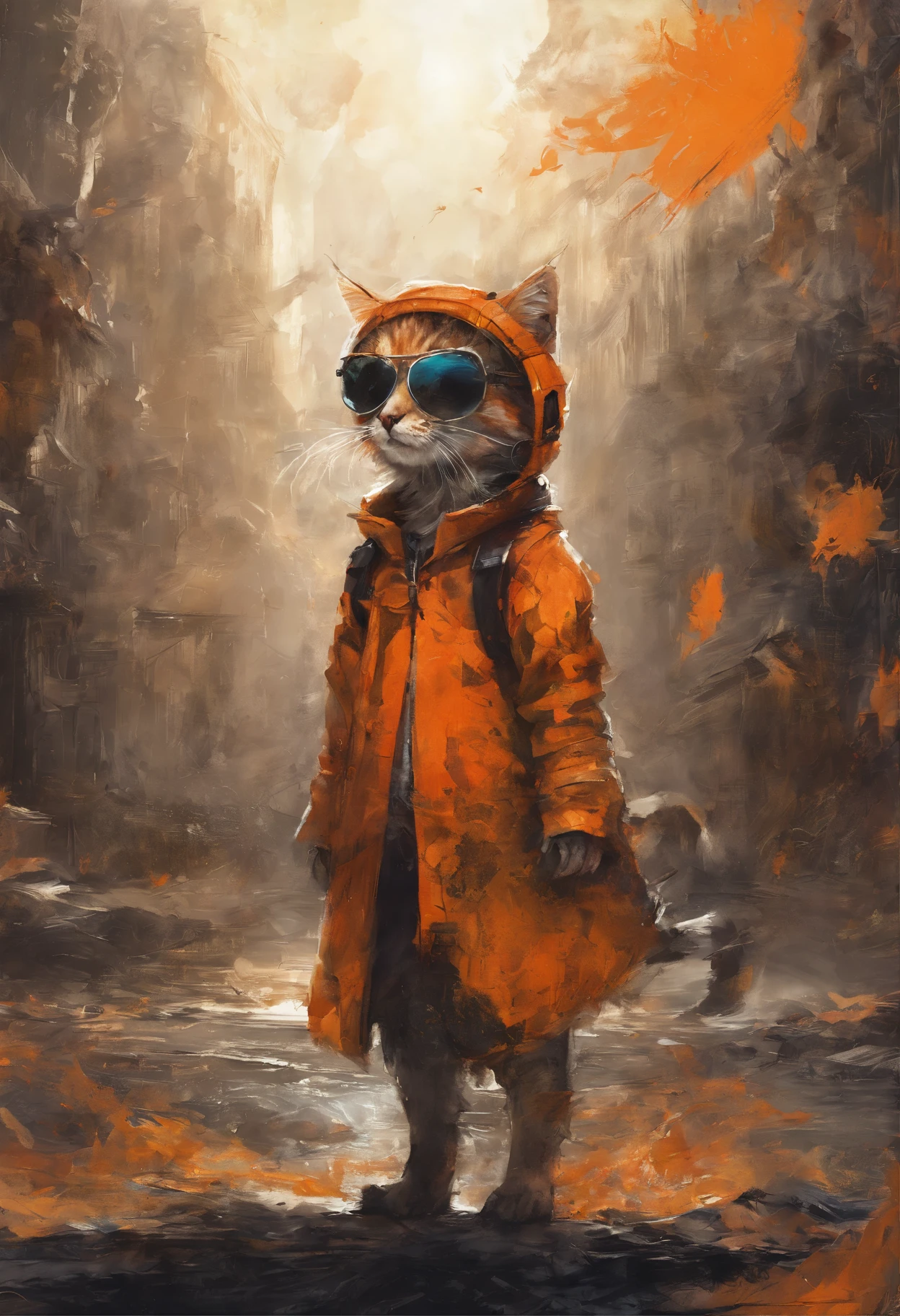 Perfect centering, A cute orange kitten all over, Wear a black jacket, Wearing sunglasses, Wearing headphones, Standing position, Abstract beauty, Centered, Facing the camera, nearing perfection, Dynamic, sunshine, Highly detailed, Digital painting, art stations, concept-art, smooth, Sharp focus, 8K, high definition resolution, illustration, Art by Carne Griffiths and Wadim Kashin, City background
