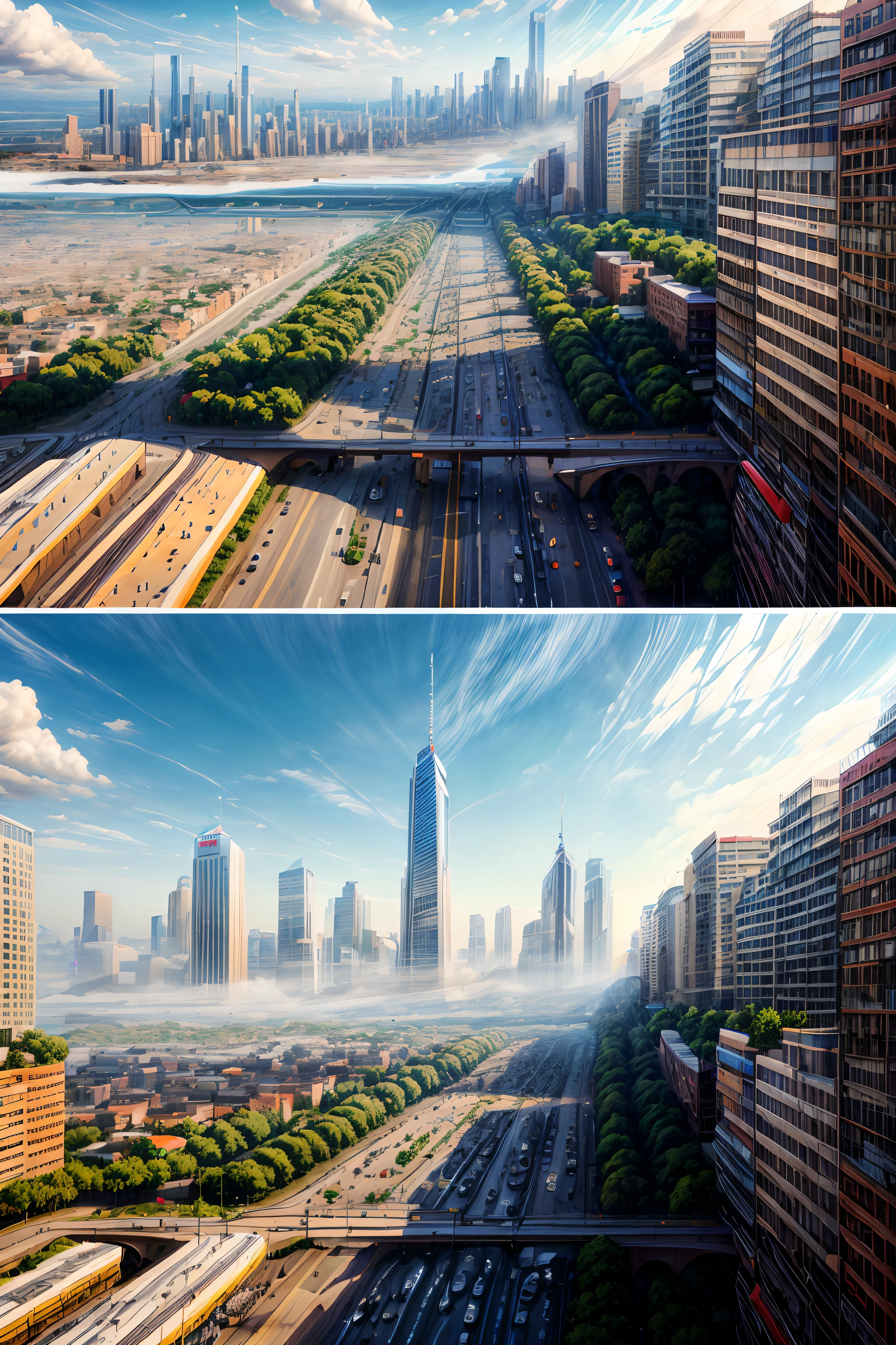 Create a rich and immersive cityscape teeming with life and detail. Envision a diverse urban landscape, blending modern skyscrapers with historic architecture. Design a network of streets, alleys, and boulevards, each with its unique character, connecting to a well-structured transportation system. Populate the city with vibrant commercial districts, residential neighborhoods, and lush parks, each bustling with activity. Integrate cultural landmarks, industrial zones, and serene waterfronts, adding layers of depth. Consider dynamic weather conditions to enhance realism, and ensure a diverse population engaged in various daily activities. Don't forget to include environmental elements like street signs and benches. Finally, enable viewers to zoom in for a closer look, revealing finer details and intricacies of this bustling urban environment.