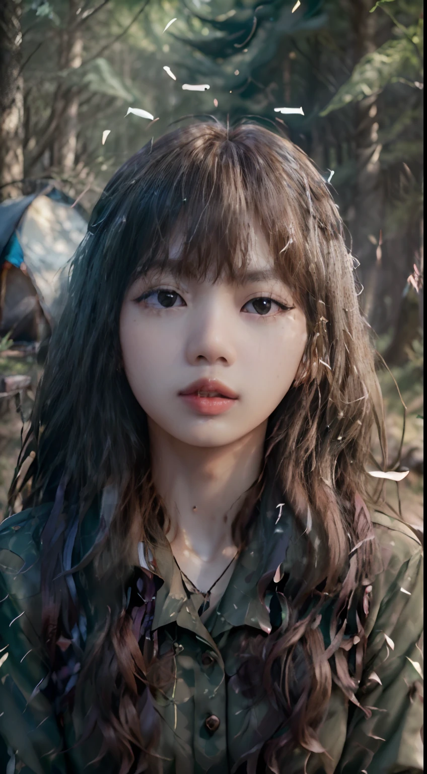 ((Lisa Blackpink)), nude, close-up from thighs to face, shot from below, very fair skin, very long hair, wavy hair, camping, Forest, photorealistic, indirect lighting, volumetric light, line tracing radius, hyperdetailed, best quality, very high resolution, HDR, 8k