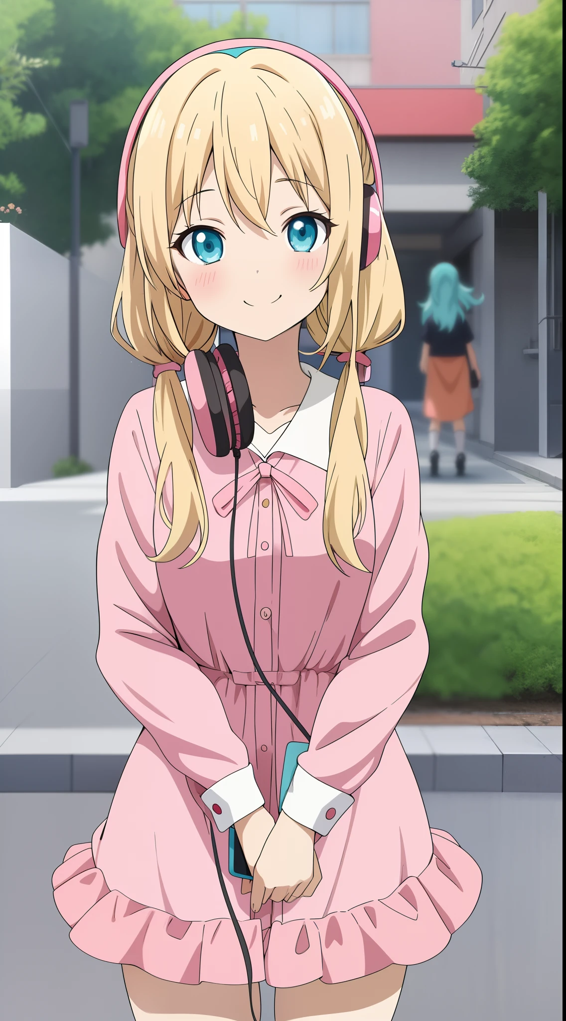 anime girl, ,blonde long hair, Two pigtails, Cyan eyes, Pink Dress, headphones on head, Phone in hand, hiquality, smile on face