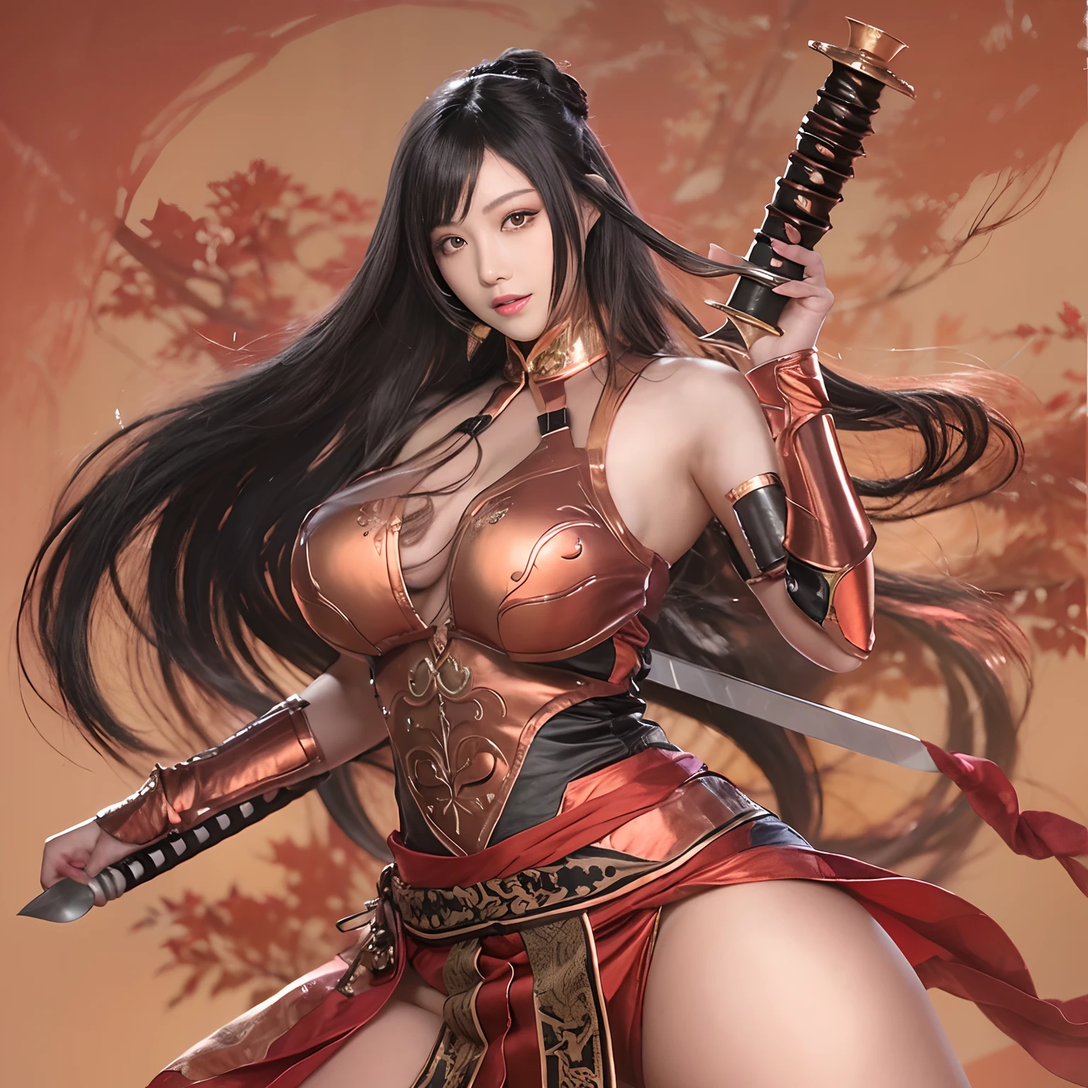 Sexy woman with long black hair,Chinese style woman,Wearing a naked,full bodyesbian,Pose from head to toe,Big breasts and big buttocks,Big breasts and fat buttocks,sword, swordsmen,Jianghu martial arts,Copper money armor