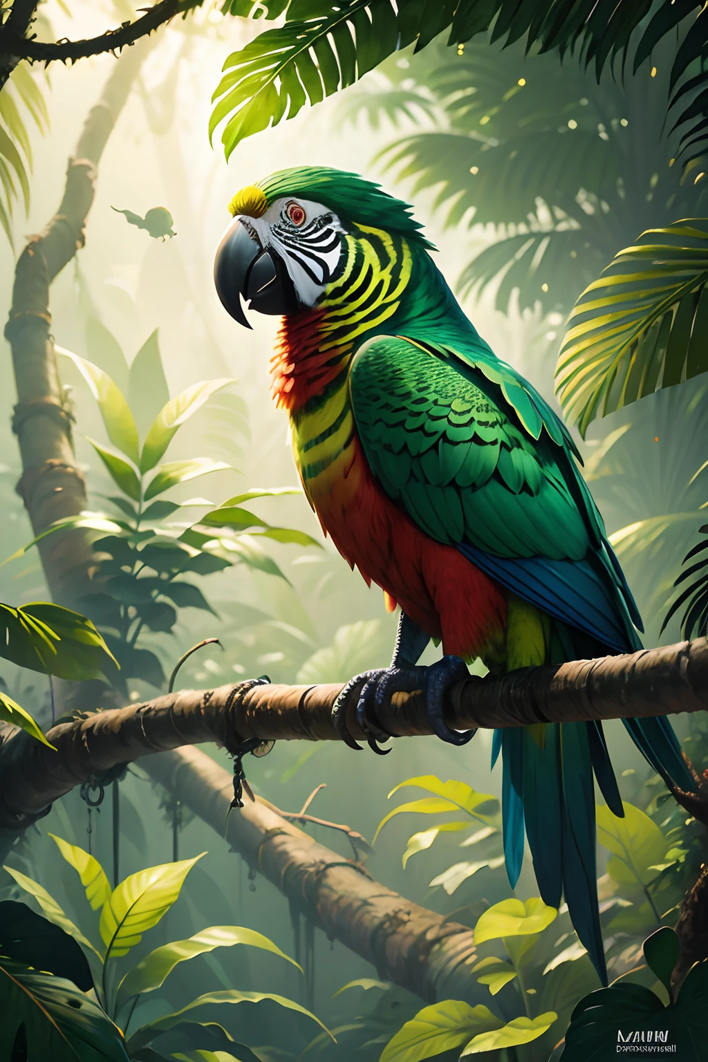 distant jungle , Parrot on the three, ibn her house, colorfull parrot. the jungle, a lot of lianas, jungle first plan, parrot on the second plan,