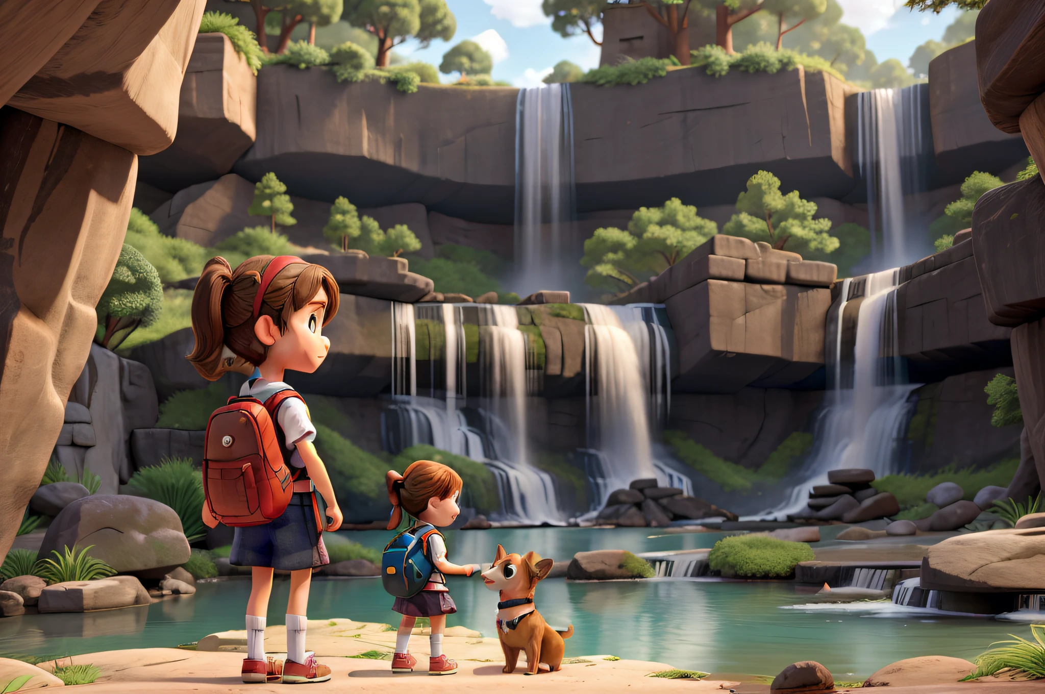 a girl with a backpack and her little dog watching some waterfalls