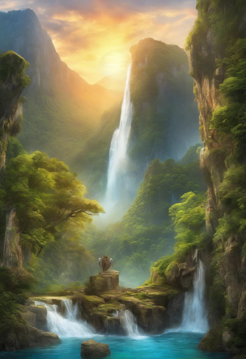 National Geographic style picture, Award winning,(best detailed: 1.5) a picture of a waterfall coming out of a (dragon mouth carved from stone on the cliff: 1.4), there is a huge rocky, steep cliff of a mountain on it there is (huge head of dragon: 1.3) carved on it, (best detailed: 1.3), from the mouth a massive, (epic waterfall comes out pouring and gushing: 1.4), there are several levels of the waterfall, you can see the force of the fall of the water, the water falls into a massive pool, of crystal clear water, in many shades of vibrant, full spectrum of blue, azure, verdant and green, the water are calm, and clear, there are some eagles flying by, a long shot, (the sun is rising and being reflected in the pool: 1.4), a tropical forest background, and a mountain range in the horizon, (photorealistic: 1.2), 16k, RAW, award winning, (best detailed: 1.5), masterpiece, best quality, (best detailed: 1.3), full body, ultra wide shot