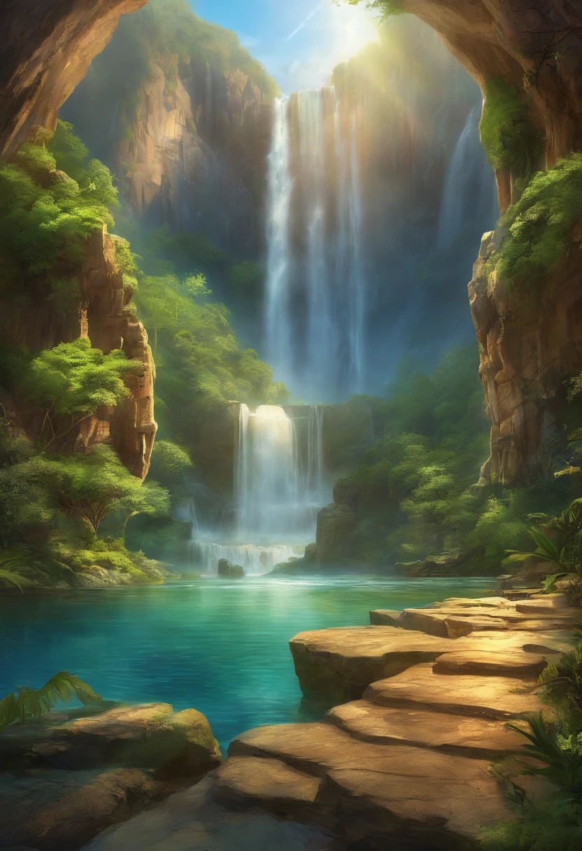 National Geographic style picture, Award winning,(best detailed: 1.5) a picture of a waterfall coming out of a (dragon mouth carved from stone on the cliff: 1.4), there is a huge rocky, steep cliff of a mountain on it there is (huge head of dragon: 1.3) carved on it, (best detailed: 1.3), from the mouth a massive, (epic waterfall comes out pouring and gushing: 1.4), there are several levels of the waterfall, you can see the force of the fall of the water, the water falls into a massive pool, of crystal clear water, in many shades of vibrant, full spectrum of blue, azure, verdant and green, the water are calm, and clear, there are some eagles flying by, a long shot, (the sun is rising and being reflected in the pool: 1.4), a tropical forest background, and a mountain range in the horizon, (photorealistic: 1.2), 16k, RAW, award winning, (best detailed: 1.5), masterpiece, best quality, (best detailed: 1.3), full body, ultra wide shot