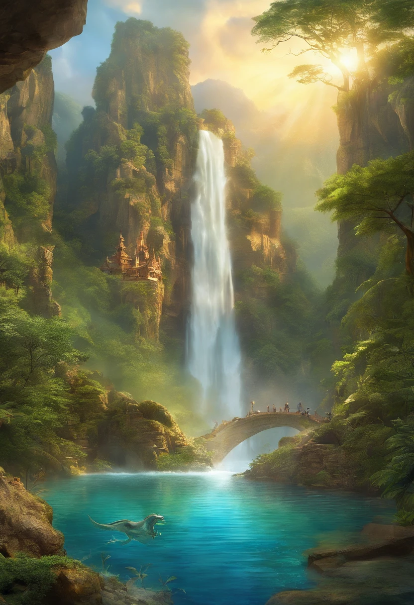 National Geographic style picture, Award winning,(best detailed: 1.5) a picture of a waterfall coming out of a (dragon mouth carved from stone on the cliff: 1.4), there is a huge rocky, steep cliff of a mountain on it there is (huge head of dragon: 1.3) carved on it, (best detailed: 1.3), from the mouth a massive, (epic waterfall comes out pouring and gushing: 1.4), there are several levels of the waterfall, you can see the force of the fall of the water, the water falls into a massive pool, of crystal clear water, in many shades of vibrant, full spectrum of blue, azure, verdant and green, the water are calm, and clear, there are some eagles flying by, a long shot, (the sun is rising and being reflected in the pool: 1.4), a tropical forest background, and a mountain range in the horizon, (photorealistic: 1.2), 16k, RAW, award winning, (best detailed: 1.5), masterpiece, best quality, (best detailed: 1.3), full body, ultra wide shot