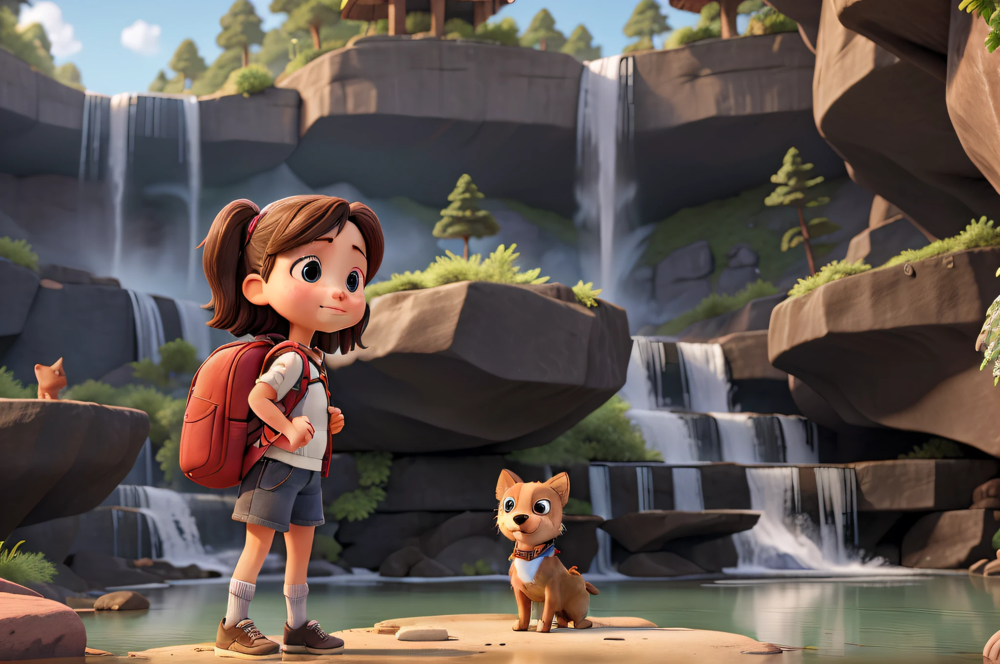 a girl with a backpack and her little dog watching some waterfalls