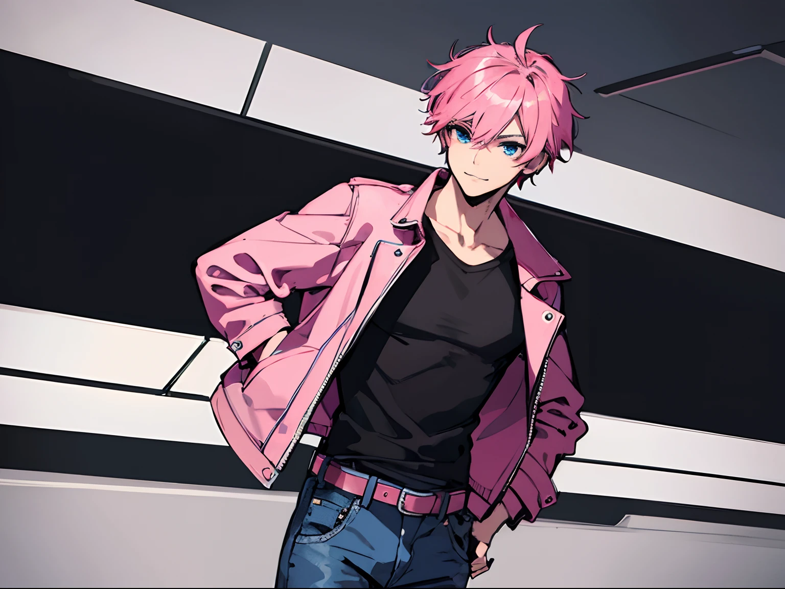 Man with Dark Pink Hair, Hot Pink Hair, Short hair, Blue eyes, wearing a jacket and tshirt, wearing jeans, cool guy