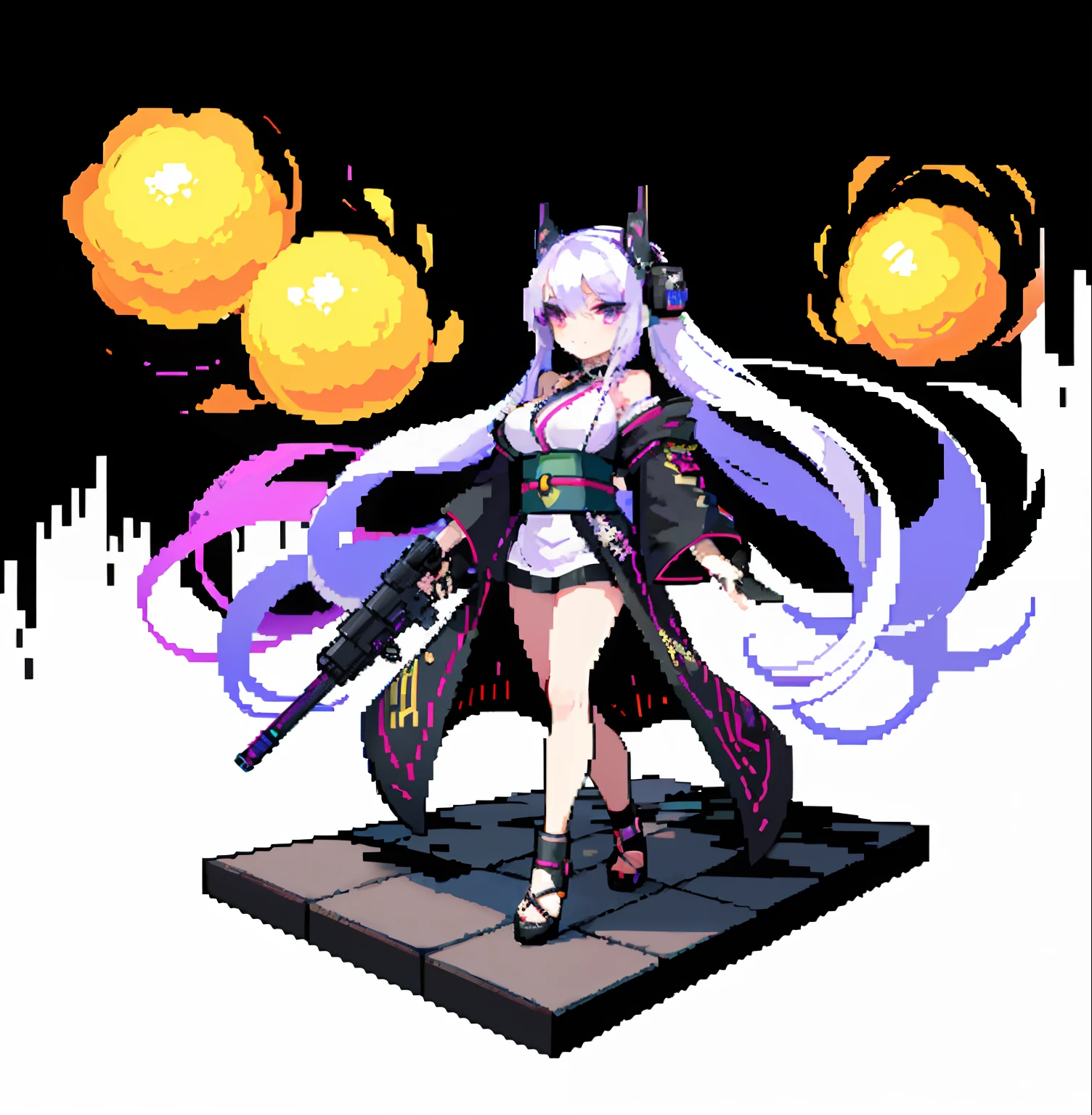 (​masterpiece、top-quality、top-quality)、pixels、Pixel art、hiquality、Girl in black kimono、explosions、loimu、story、big explosion、Cyber Headphones、Silvery hair、poneyTail、Purple eyes、Super explosion、Have a gun、Street、large full breasts、bustup