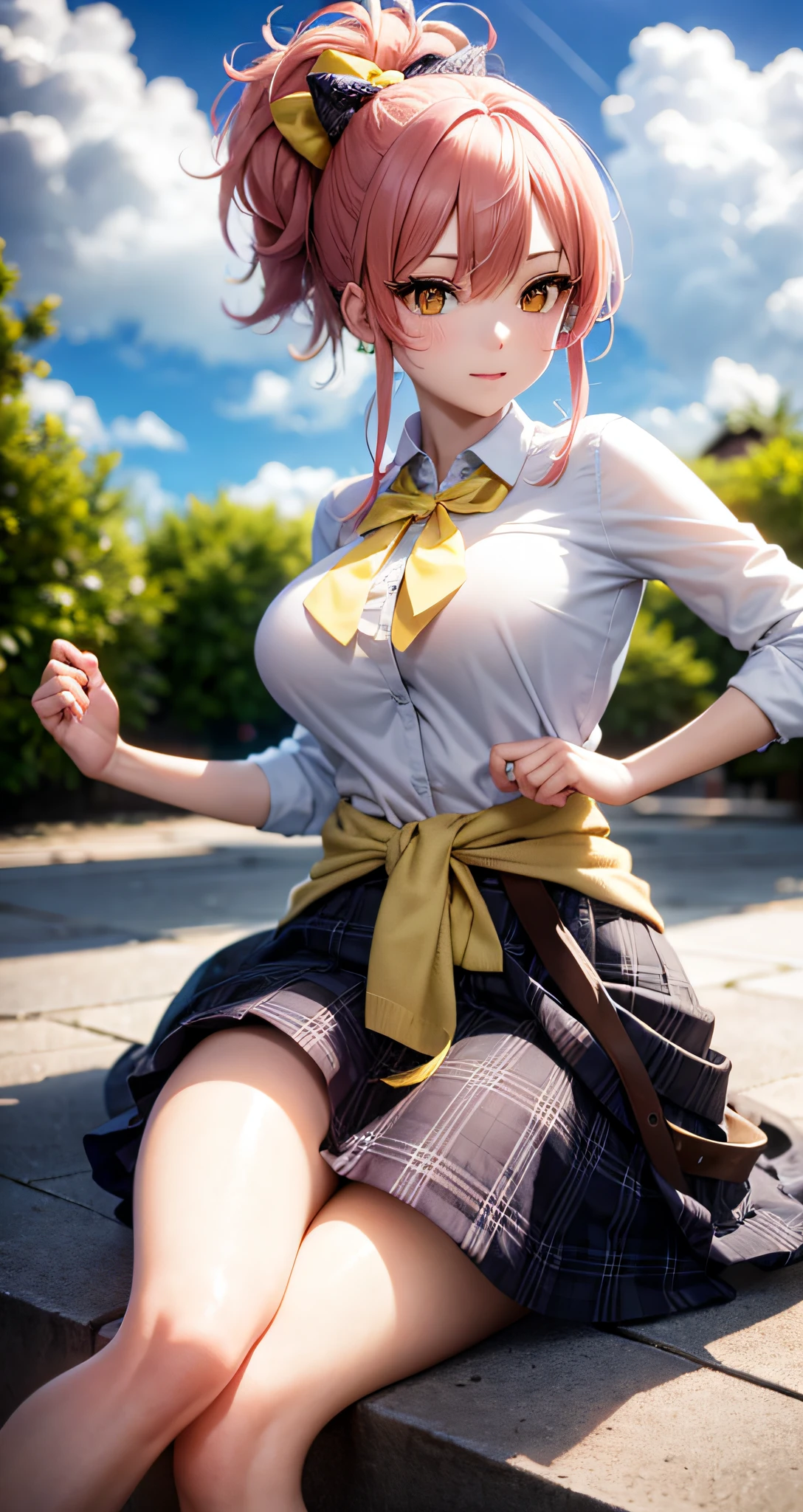 realistic1.49,photorealistic:1.49,film grain:0.4,
(masterpiece),(intricate details),1girl,mature female,pale skin,huge breasts:1.49
BREAK 
mikajougasaki, mika jougasaki, hair bow, long hair, pink hair, (yellow eyes:1.5), ponytail, BREAK bow, clothes around waist, plaid, plaid skirt, school uniform, skirt, sweater, sweater around waist|
BREAK
day,sun,rainbow,((cumulonimbus)),((lying on the anywhere)),
((full body)),from below:1.4,depth of field,looking at viewer