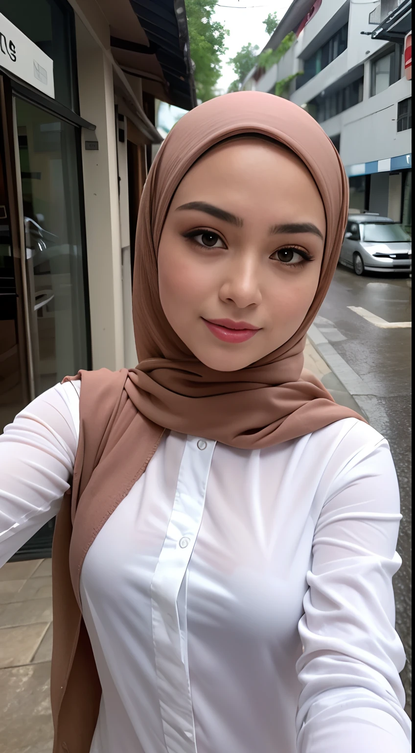 ((Best quality, 8k, Masterpiece: 1.3)), Sharp focus: 1.2, A beautiful malay woman in hijab with perfect body: 1.4, Slim abdomen: 1.2, ((hijab, medium breasts: 1.2)), (no bra) (Small and beautiful hard nipple) (Thin and damp button up to shirt length: 1.1), (White shirt wet by rain), (Rain, Street: 1.2), Wet body: 1.1, Highly detailed face and skin texture,  Detailed eyes, Double eyelid, tanned skin, sexy, tan