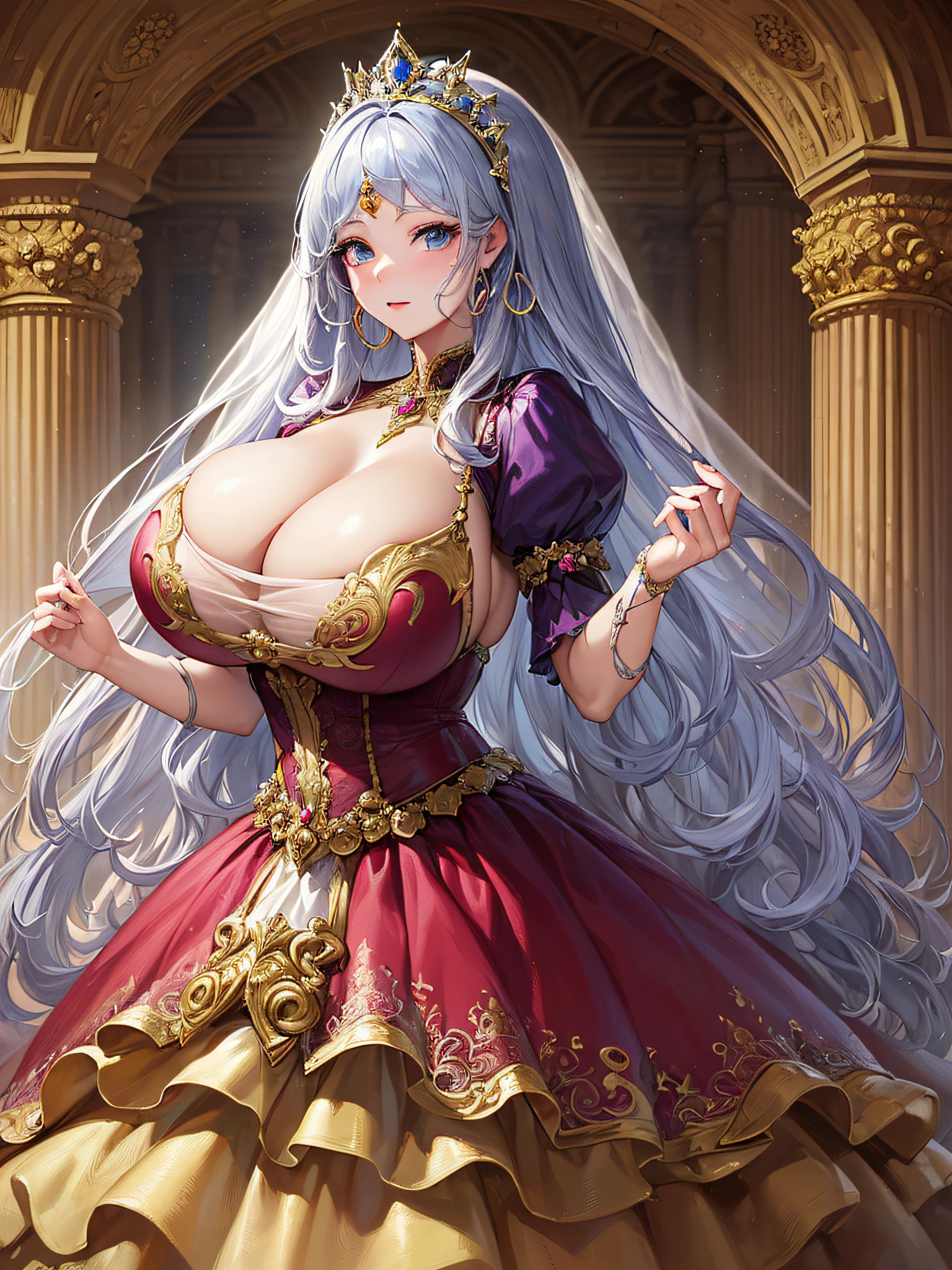 (masterpiece, best quality,extremely detailed:1.1),(moe anime art style:1.3),1 girl,((full body portrait)),standing in palace of versailles,((solo)),cute,kawaii,digital art,(((1 princess wearing gorgeous princess rococo ballgown with voluminous full length hoop skirt))),((crinoline)),long train,((beautiful embroidery and jeweled)),voluminous frills,See-through,(gorgeous embroidery and beautiful lace),(((gigantic tits,skindentation,cleavage))),(((very long hair,very long straight hair))),((finely detailed face and eyes)),clear pupil,extremely gorgeousfull hair ornament,(bling-bling jeweled extremely gorgeousfull tiara),(bling-bling gorgeous gemstone jewelry),long veil,(beautiful background),full body,((gorgeous princess rococo ballgown with voluminous full length hoop skirt))