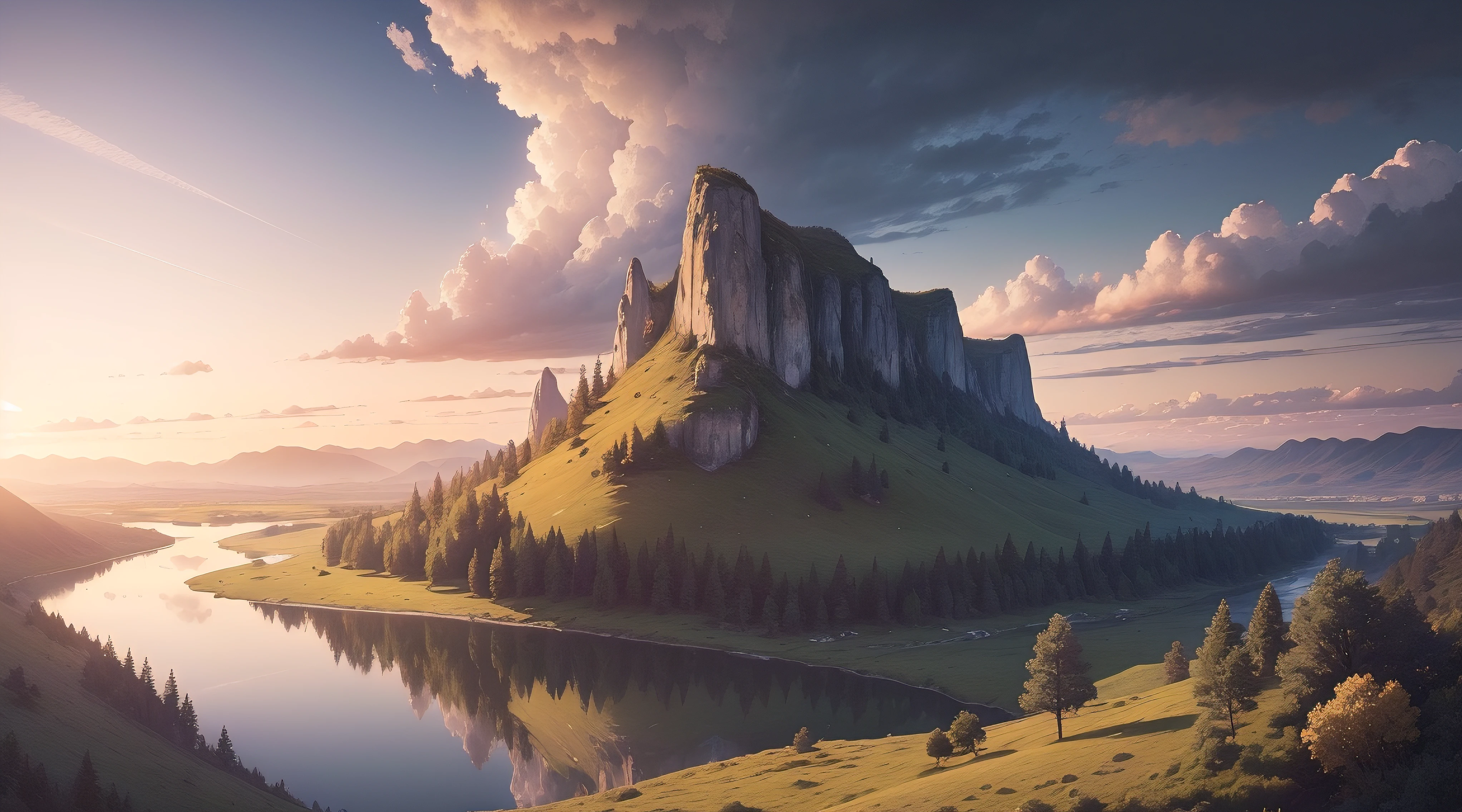 (no humans), (masterpiece), (epic landscape), (highest detail), {scenic view}, CG artwork, cinematic lighting, 8K resolution, UHD, photorealistic, serene countryside, rolling hills, golden sunset, tranquil river, mirrored reflections, dramatic clouds, meticulous textures, immersive depth of field, nature's poetry, awe-inspiring beauty