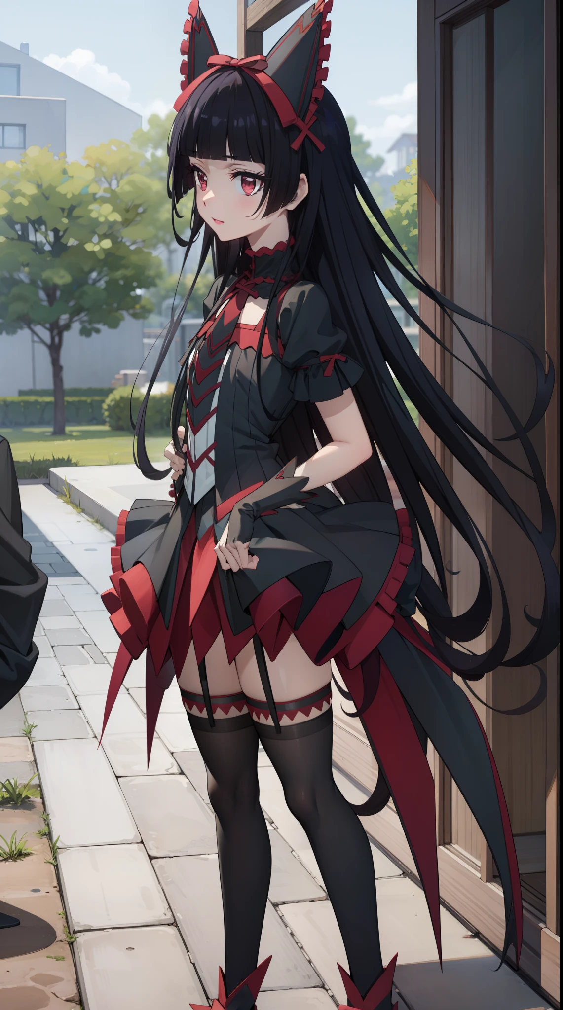 Rory Mercury, Rory Mercury, black  hair, blunt bangs, hime cut, hair ornament, purple lipstick, hairlong, cute face, makeup, (small chest:1.2),  (red eyes:1.5), BREAK Gothic underwear, the perfect body (little chest:1.3), a big BREAK in full growth, red shoes, BREAK Black Stockings, Black Gloves BREAK, black thighs, garter straps, gloves, gotik, Hair Bow, gothic fashion, puffy short sleeves, puffy sleeves, short sleeves, thights, thights, bloods, BREAK in the fresh air, night city, BREAK looks at the viewer, BREAK (Masterpiece:1.2), Best Quality, High Resolution, Unity 8k壁纸, (illustartion:0.8), (beautiful detail eyes:1.6), extremely detailed face, perfect  lighting, extremely detailed CGI, (perfect arms, perfect anatomy),