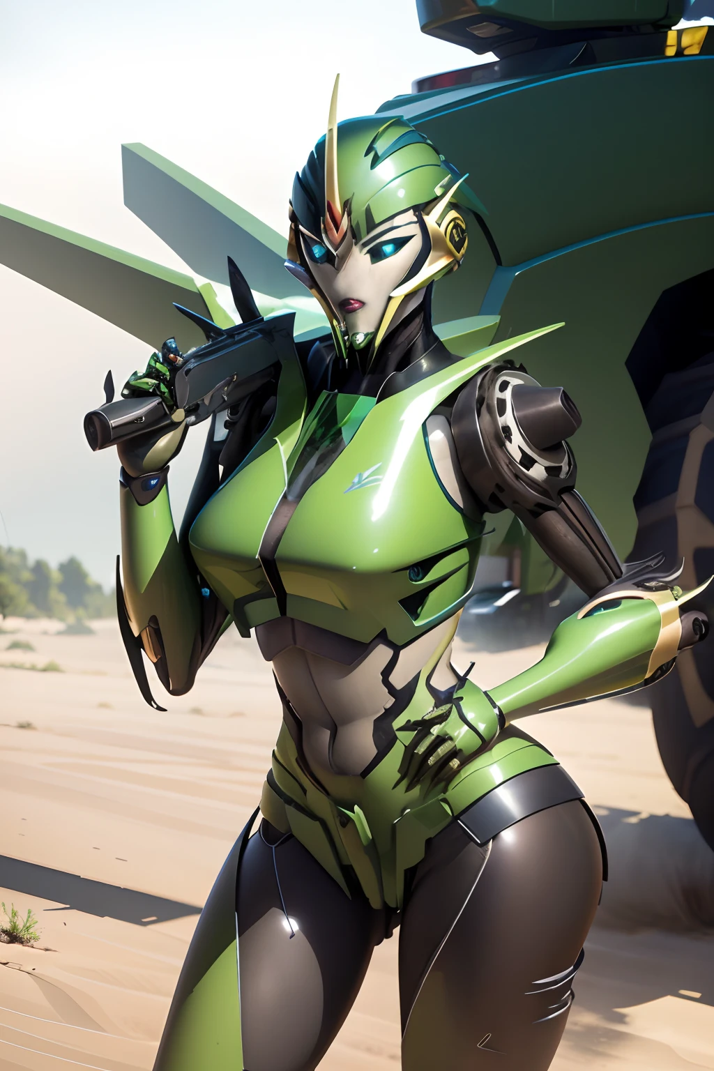 Masterpiece, transformer, sexy green and yellow female robot, tractor parts as armor, autobot deer logo, sliver face, blue eyes,