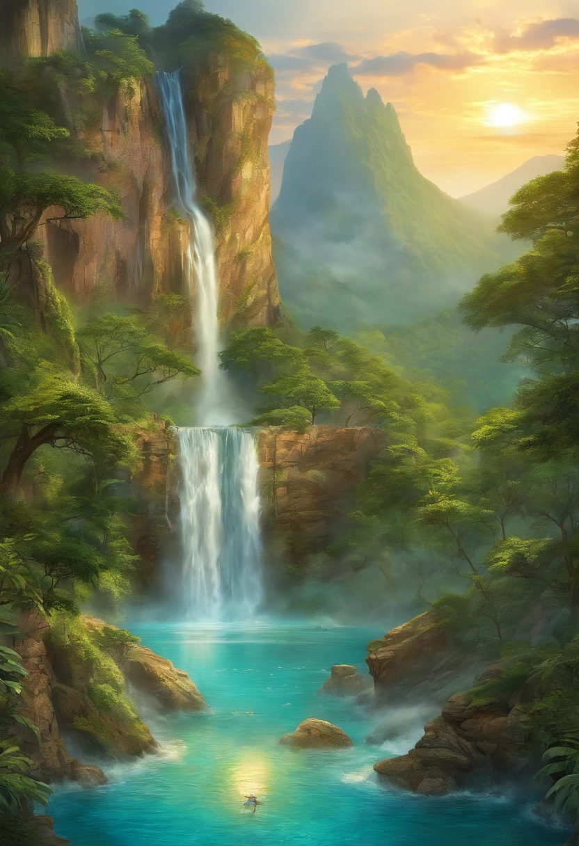 National Geographic style picture, Award winning,(best detailed: 1.5) a picture of a waterfall (coming out of a head of dragon carved on the stone of the cliff: 1.4), there is a huge rocky, steep cliff of a mountain on it there is (huge head of dragon: 1.3) carved on it, (best detailed: 1.3), from the mouth a massive, (epic waterfall comes out pouring and gushing: 1.4), there are several levels of the waterfall, you can see the force of the fall of the water, the water falls into a massive pool, of crystal clear water, in many shades of vibrant, full spectrum of blue, azure, verdant and green, the water are calm, and clear, there are some eagles flying by, a long shot, (the sun is rising and being reflected in the pool: 1.4), a tropical forest background, and a mountain range in the horizon, (photorealistic: 1.2), 16k, RAW, award winning, (best detailed: 1.5), masterpiece, best quality, (best detailed: 1.3), full body, ultra wide shot