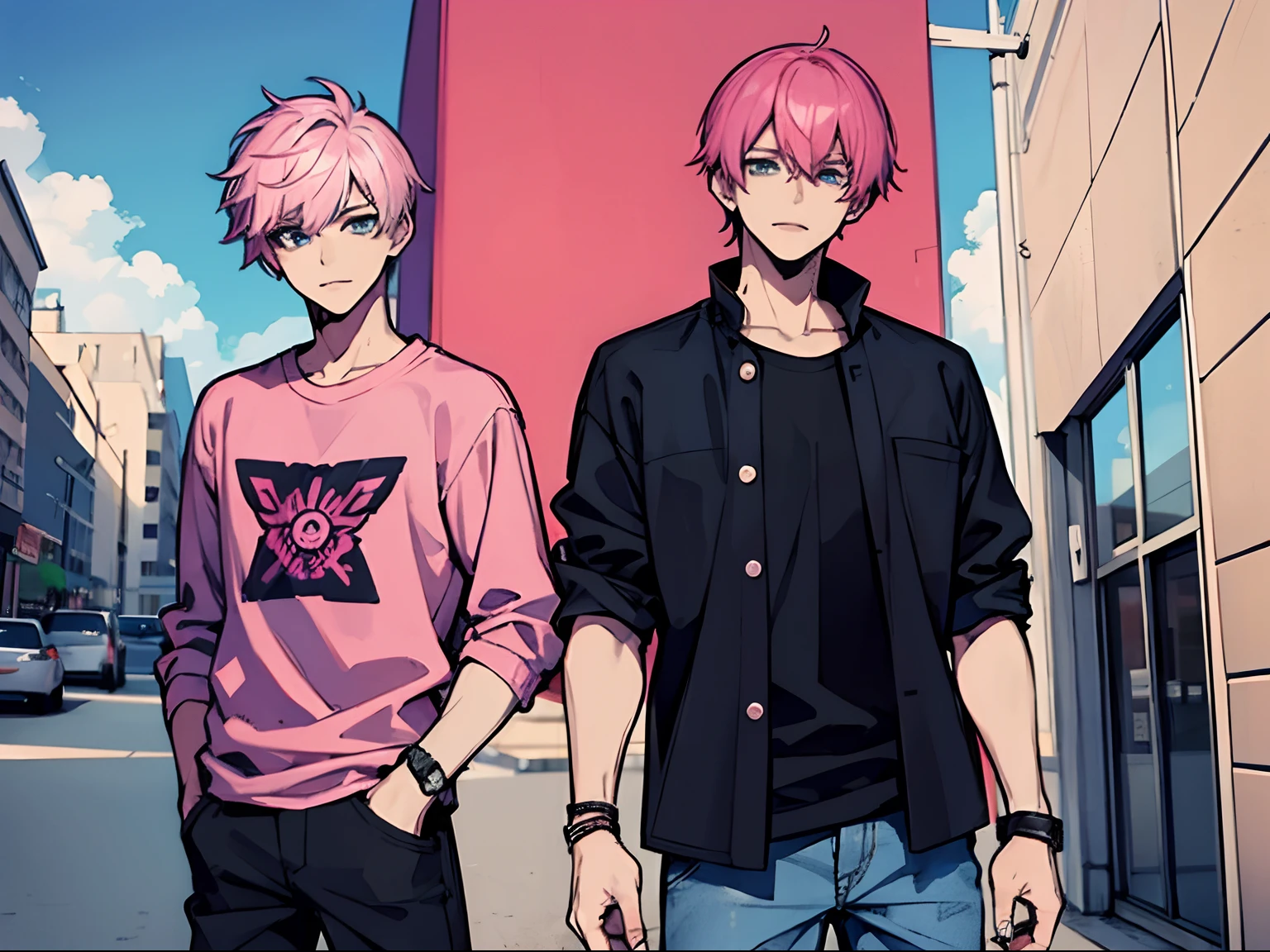 Man with Dark Pink Hair, Hot Pink Hair, Short hair, Blue eyes, wearing a jacket and tshirt, wearing jeans, cool guy