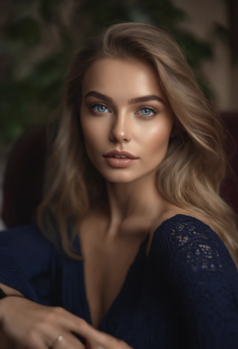 Arafed woman completely , fille sexy aux yeux bleus, ultra realist, Meticulously detailed, Portrait Sophie Mudd, cheveux blonds et grands yeux, selfie of a young woman, Yeux de chambre, Violet Myers, sans maquillage, maquillage naturel, looking straight at camera, Visage avec Artgram, Maquillage subtil, Great photo of the whole body kneeling on a couch, dans le salon, Medium to large bust