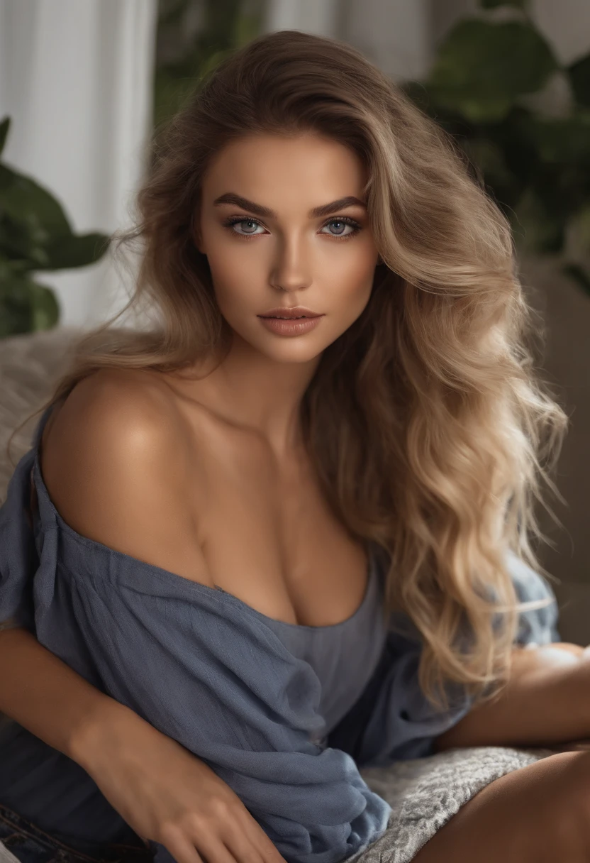 Arafed woman completely , fille sexy aux yeux bleus, ultra realist, Meticulously detailed, Portrait Sophie Mudd, cheveux blonds et grands yeux, selfie of a young woman, Yeux de chambre, Violet Myers, sans maquillage, maquillage naturel, looking straight at camera, Visage avec Artgram, Maquillage subtil, Great photo of the whole body kneeling on a couch, dans le salon, Medium to large bust