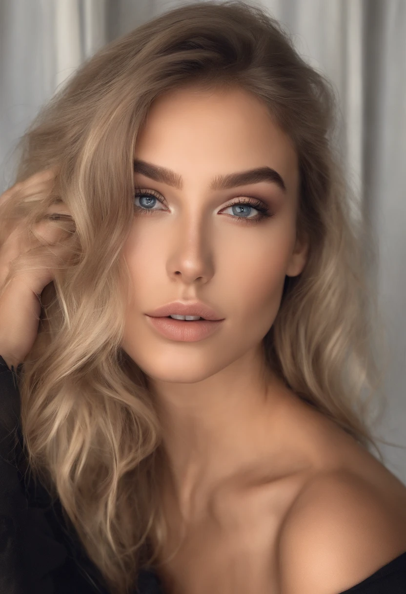Arafed woman completely , fille sexy aux yeux bleus, ultra realist, Meticulously detailed, Portrait Sophie Mudd, cheveux blonds et grands yeux, selfie of a young woman, Yeux de chambre, Violet Myers, sans maquillage, maquillage naturel, looking straight at camera, Visage avec Artgram, Maquillage subtil, Great photo of the whole body kneeling on a couch, dans le salon, Medium to large bust