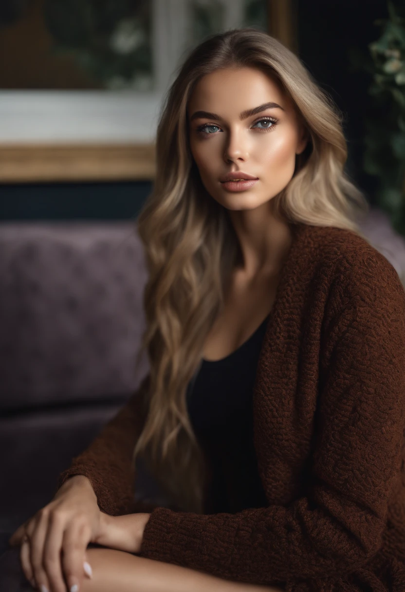Arafed woman completely , fille sexy aux yeux bleus, ultra realist, Meticulously detailed, Portrait Sophie Mudd, cheveux blonds et grands yeux, selfie of a young woman, Yeux de chambre, Violet Myers, sans maquillage, maquillage naturel, looking straight at camera, Visage avec Artgram, Maquillage subtil, Great photo of the whole body kneeling on a couch, dans le salon, Medium to large bust