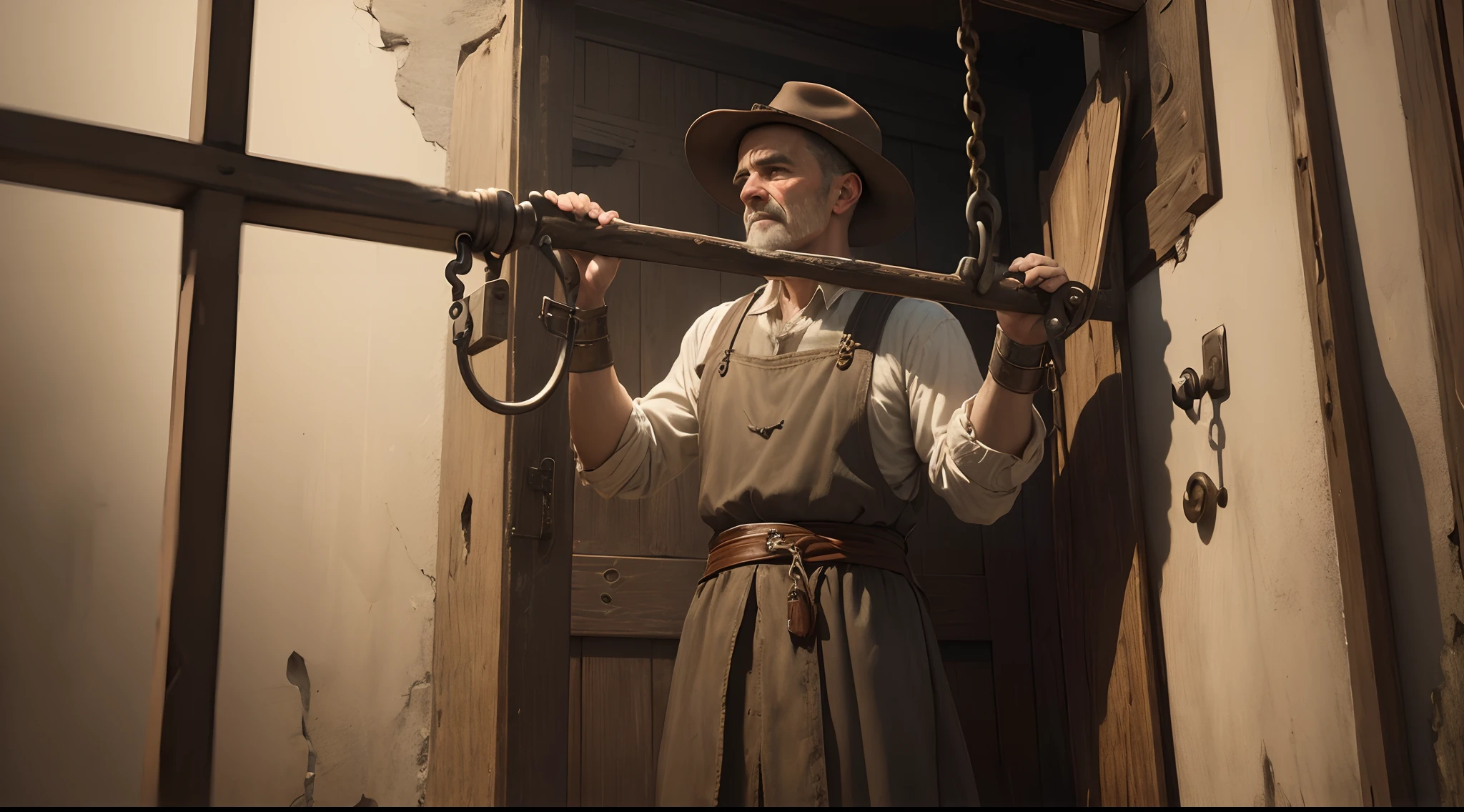 (highres,best quality,masterpiece:1.2),one man's journey,(ancient,old-time) atmosphere,vintage,(imprisoned,bound) by antique( shackles, handcuffs).