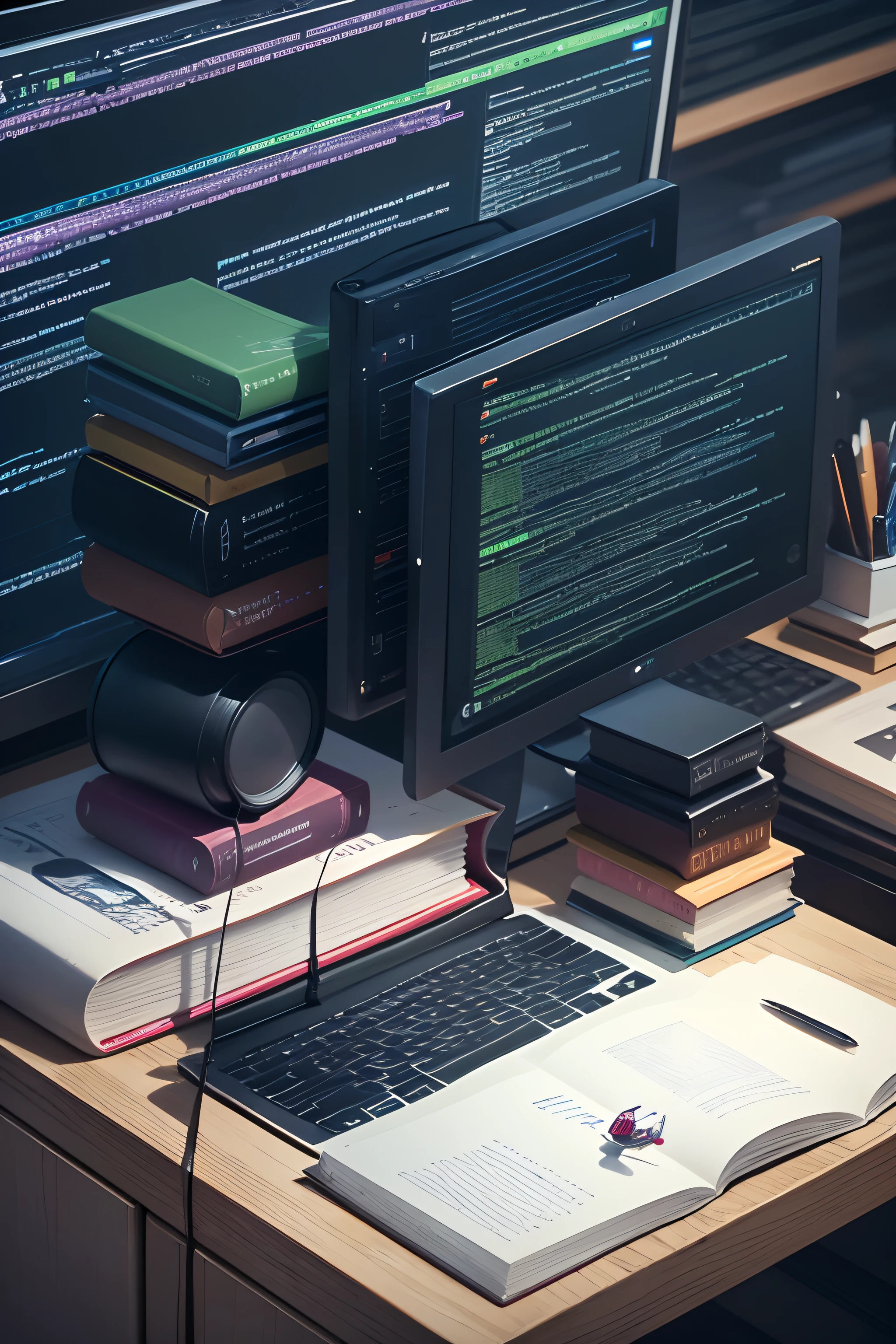 (best quality,highres),illustration,programming studies,development,detailed programming books,detailed coding environment,computer desk with multiple screens,learning,code documentation,code snippets,clean and organized workspace,vibrant colors,studio lighting,accurate rendering of code and logos,code editor with syntax highlighting,vivid illustrations of algorithms and data structures,photorealistic laptops,stacks of study materials,books and notebooks,highlighted code segments,conceptual diagrams,digital art,inspiring artwork,creative mindset,engaged learning,dedicated learner,productive coding session,digital illustrations,programming community support,online tutorials and resources,problem-solving mindset,achieving mastery in programming,computer science concepts,algorithmic thinking.