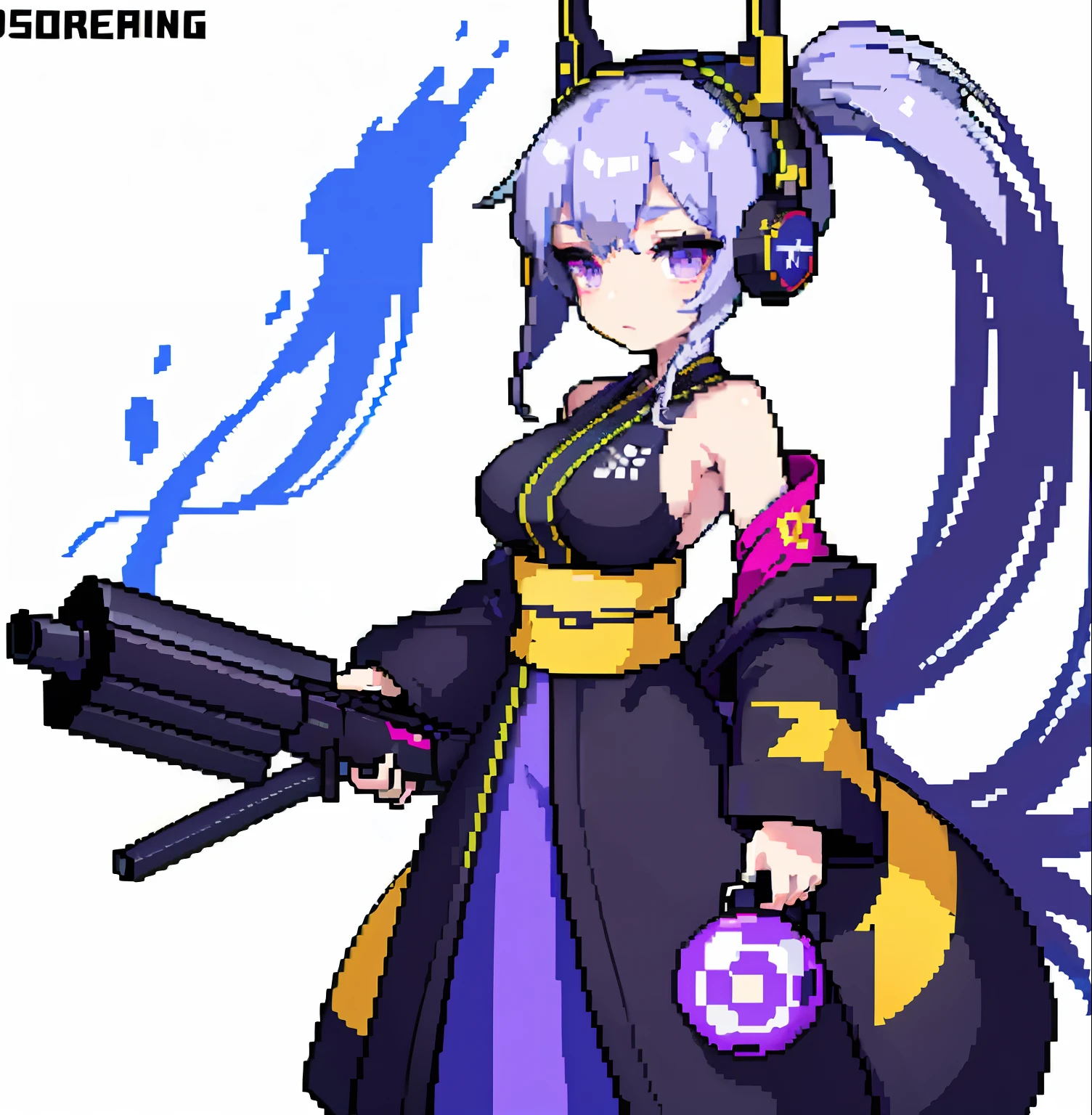 (​masterpiece、top-quality、top-quality)、pixels、Pixel art、hiquality、Girl in black kimono、explosions、loimu、story、big explosion、Cyber Headphones、Silvery hair、poneyTail、Purple eyes、Super explosion、Have a gun、Street、large full breasts、bustup