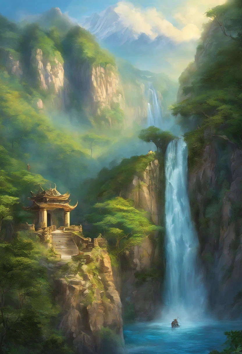National Geographic style picture, Award winning,(best detailed: 1.5) a picture of a waterfall coming out of a (dragon mouth carved from stone on the cliff: 1.4), there is a huge rocky, steep cliff of a mountain on it there is (huge head of dragon: 1.3) carved on it, (best detailed: 1.3), from the mouth a massive, (epic waterfall comes out pouring and gushing: 1.4), there are several levels of the waterfall, you can see the force of the fall of the water, the water falls into a massive pool, of crystal clear water, in many shades of vibrant, full spectrum of blue, azure, verdant and green, the water are calm, and clear, there are some eagles flying by, a long shot, shot taken from a long distance, (the sun is rising and being reflected in the pool: 1.4), a tropical forest background, and a mountain range in the horizon, (photorealistic: 1.2), 16k, RAW, award winning, (best detailed: 1.5), masterpiece, best quality, (best detailed: 1.3), full body, ultra wide shot