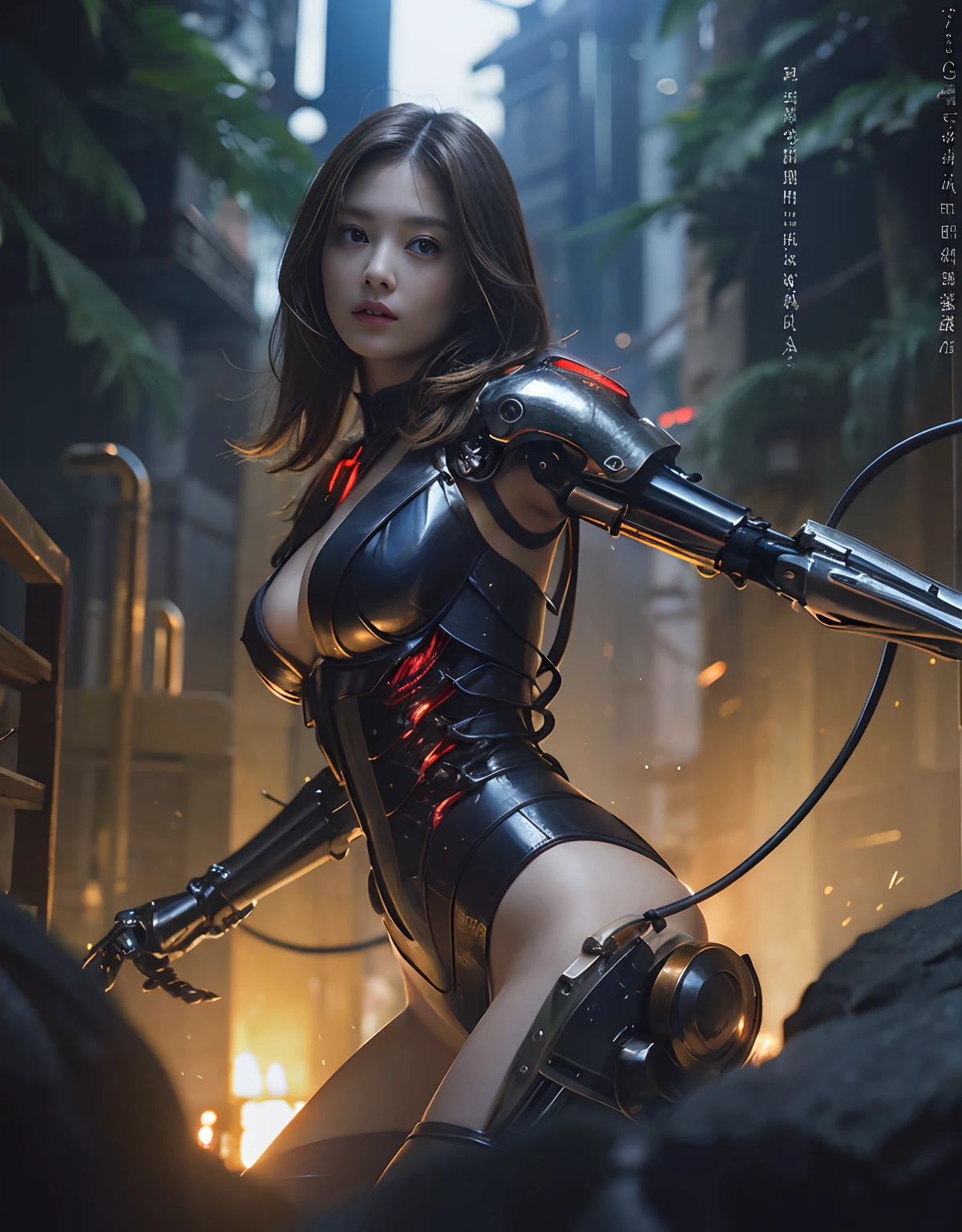 (1 Mechanical Girl)、top-quality、masterpiece、超A high resolution、(Photorealsitic:1.4)、Raw photo、1人、Golden hair、glowy skin、(((1 Mechanical Girl)))、With a beautiful knife、(Blue Metal Bodysuit)、(beautiful forest background)、(Fighting Demonic Beasts)、(Small LED)、((super realistic details))、portlate、(Strong giant demon beast background),globalillumination、Shadow、octan render、8K、ultrasharp、Colossal tits、Raw skin is exposed in cleavage、metals、Details of complex ornaments、Japan details、highly intricate detail、Realistic light、CGSoation Trends、Red Eyes、radiant eyes、Facing the camera、neon details、(Mechanical limbs)、(blood vessels connected to tubes)、Mechanical vertebrae attached to the back、mechanical cervical attaching to neck、(Wires and cables connecting to the head)、Gundam、Small LED、,Mechanical thighs、Toostock、(Hands are also made of machines)、(Attack of the Monster Beasts)、(Wounded in a deadly battle)、