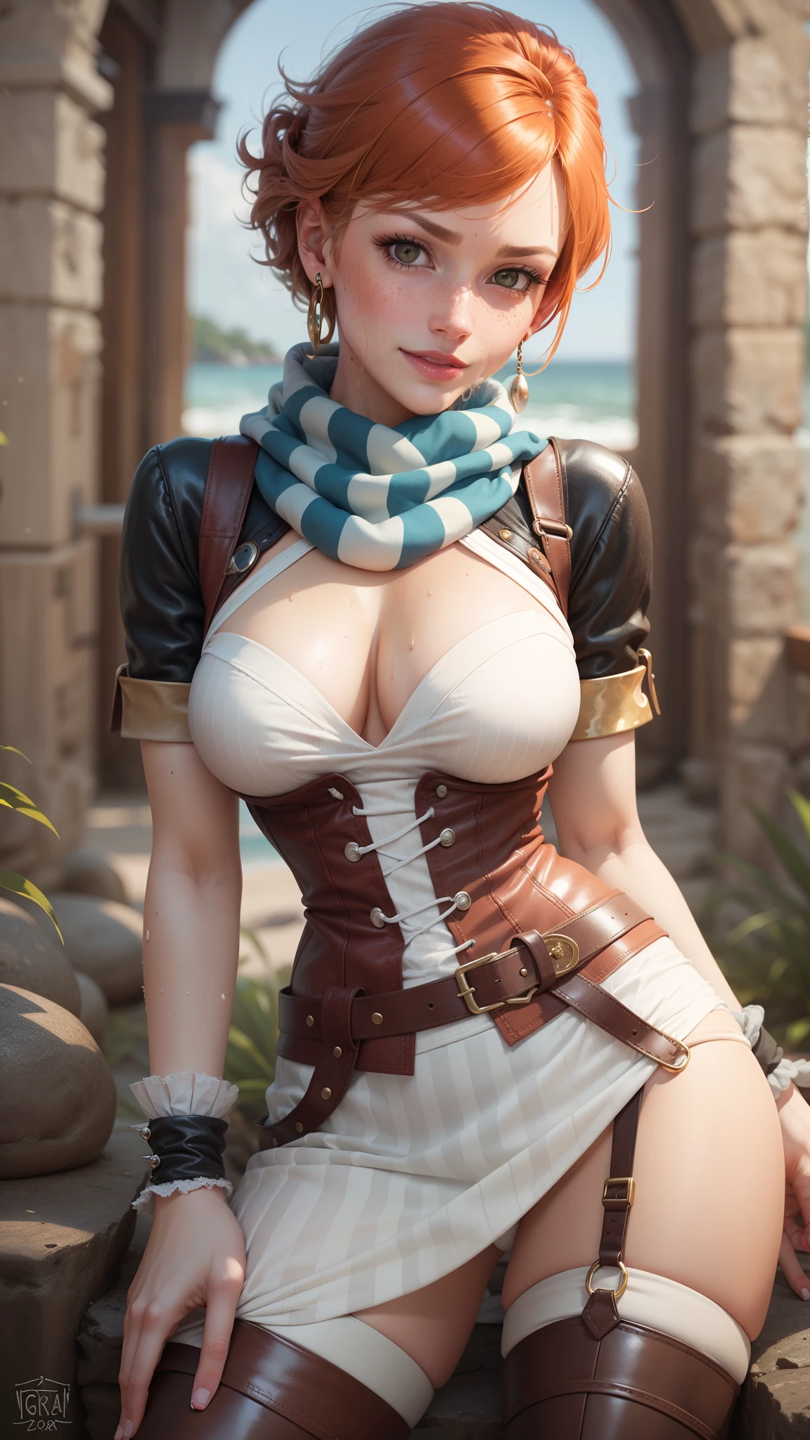 gwen tennyson,elsa,tracer,atelier ryza,teenager,pirate outfit,beach,green eyes,long scarf,thigh high boots,garter belt,shy smile,striped panties,short hair,orange hair,pirate ship,white striped top,tight skirt,freckles,redhead,pirate corset,pirate jacket,beautiful girl,large breasts,ultra detailed,realistic,pearl earrings,wet pussy,touching pussy,