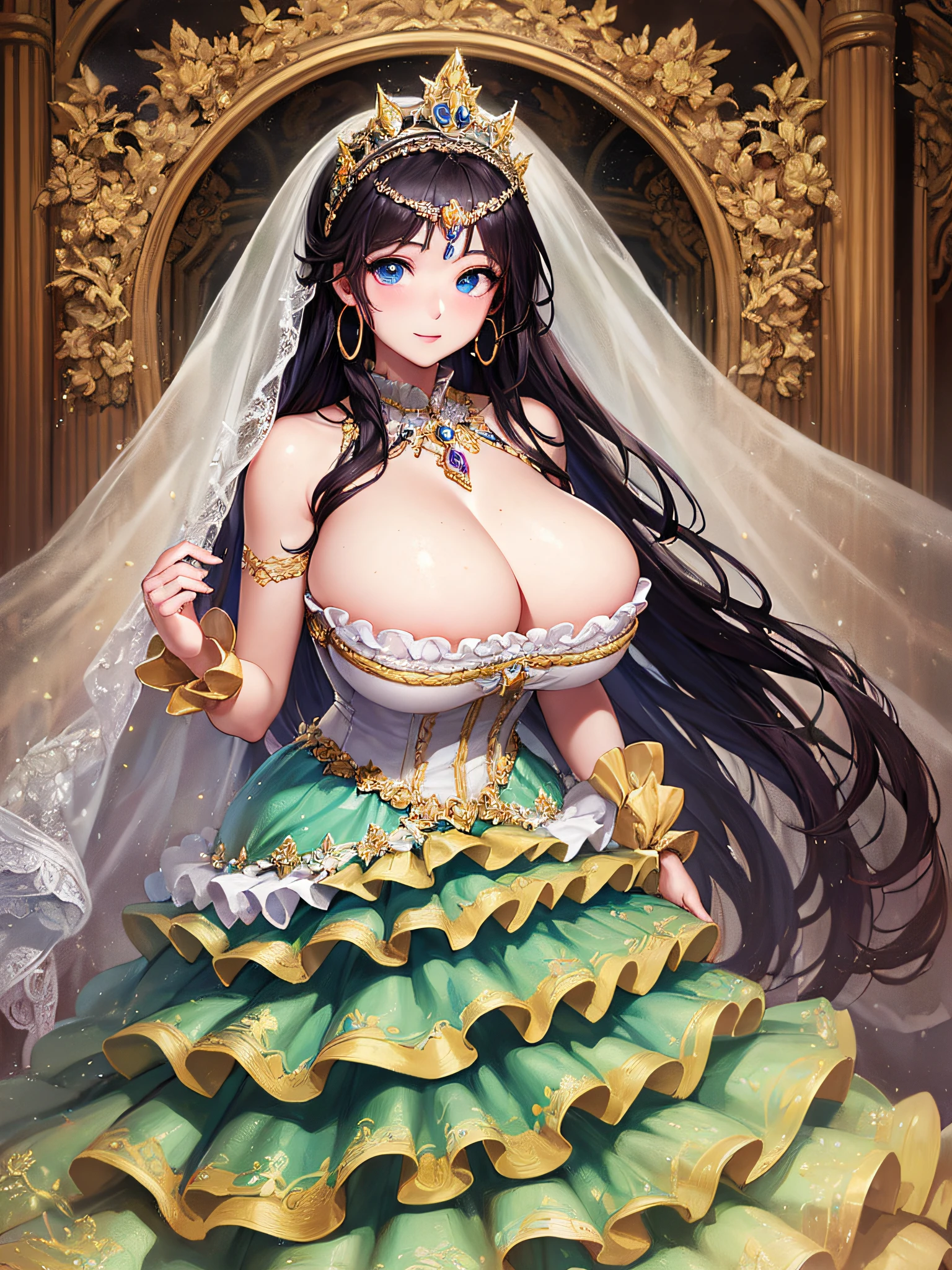 (masterpiece, best quality,extremely detailed:1.1),(moe anime art style:1.3),1 girl,((full body portrait)),standing in palace of versailles,((solo)),cute,kawaii,digital art,(((1 princess wearing gorgeous princess rococo ballgown with voluminous full length hoop skirt))),((crinoline)),long train,((beautiful embroidery and jeweled)),voluminous frills,See-through,(gorgeous embroidery and beautiful lace),(((gigantic tits,skindentation,cleavage))),(((very long hair,very long straight hair))),((finely detailed face and eyes)),clear pupil,extremely gorgeousfull hair ornament,(bling-bling jeweled extremely gorgeousfull tiara),(bling-bling gorgeous gemstone jewelry),long veil,(beautiful background),full body,((gorgeous princess rococo ballgown with voluminous full length hoop skirt))
