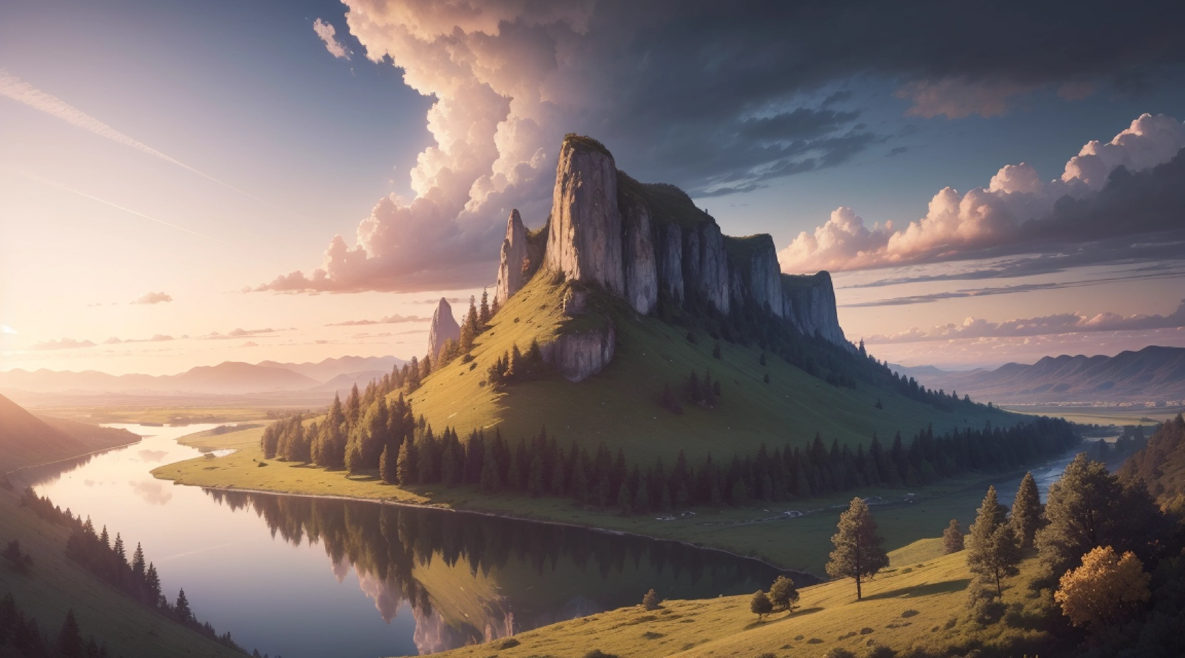 (no humans), (masterpiece), (epic landscape), (highest detail), {scenic view}, CG artwork, cinematic lighting, 8K resolution, UHD, photorealistic, serene countryside, rolling hills, golden sunset, tranquil river, mirrored reflections, dramatic clouds, meticulous textures, immersive depth of field, nature's poetry, awe-inspiring beauty