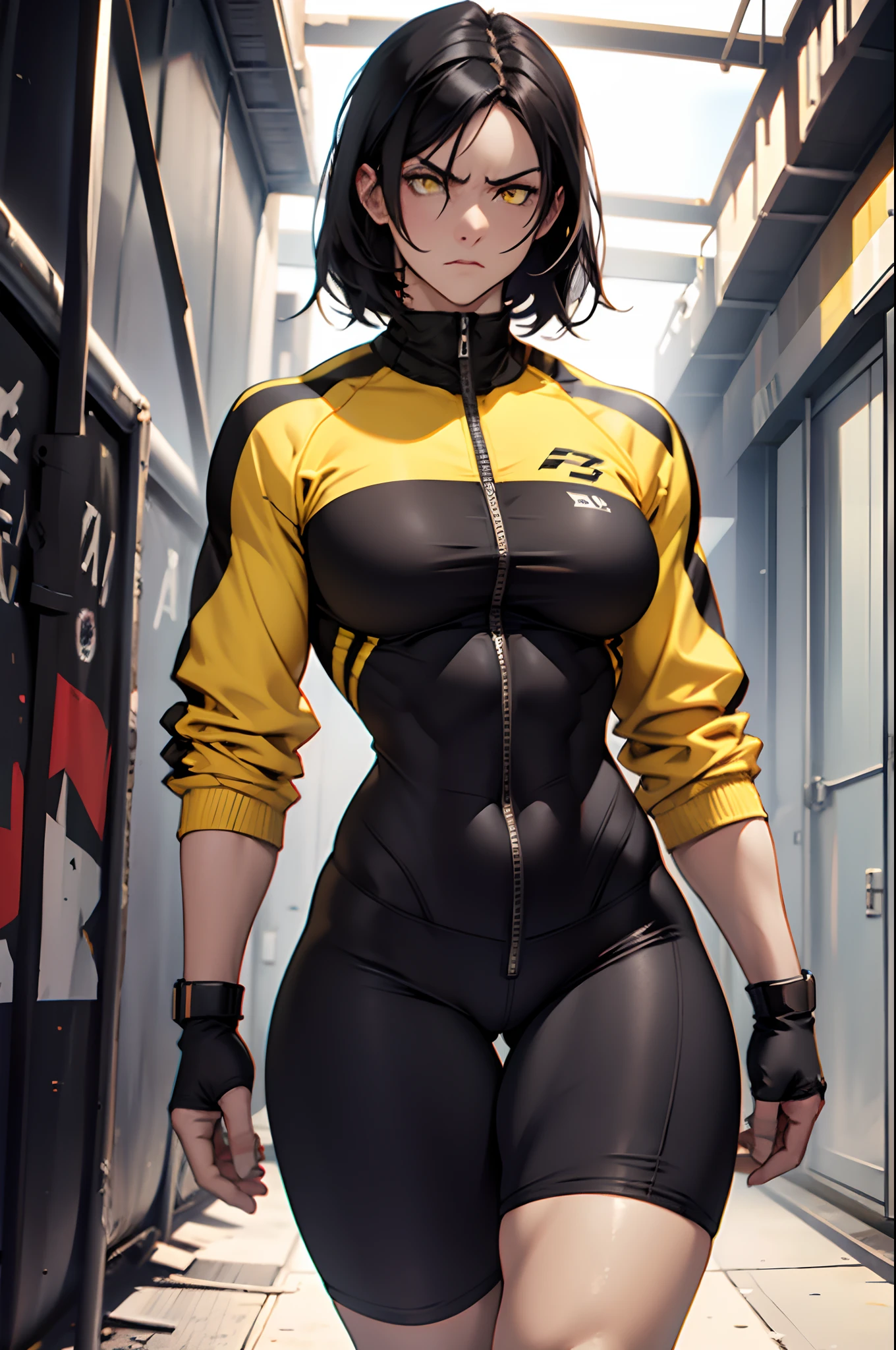 muscular, thick thighs, small breasts, tight clothes, toned body, 1 girl, black hair, pale skin, yellow eyes, angry, solo, curvy