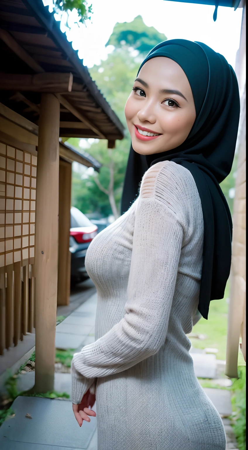 1 Malay girl, modern plain hijab, shy, medium portrait, watery eyes, RAW, Best quality, high resolution, masterpiece: 1.3), beautiful Malay woman in hijab (iu:0.8),big breast, perfect nose,perfect lips, perfect eyes, detail :1.2), soft smile, woman sitting on rocky river bank with black and white striped top, thin waist and thick hips, beautiful malay woman, casual pose, beautiful face with arms and legs, wearing elegant casual clothes, attractive clothes, wearing beautiful baju kurung clothes, cute beauty ,