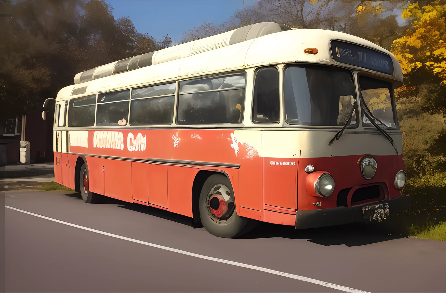 there is a red and white bus parked in the grass, frontal shot, a wide full shot, 1961, restored. freshed and new painted with custom colors of first metallic gold, over the gold a airbrush motive of womens in black are painted, then over that a red clear coat over that, so its brings a effect called "Candyred". in the sun you can see the motive in some angels but its semi hidden by the red candy effect. the white roof and half of the bus is painted matte cafe latte. Windows are covered with mirrow reflective solar film. There is some extra lights put on the front and a cool bumper. The wheels are fresh and new, with white line painted with a reflective navelcap. you can see some red neonlights underneath the bus