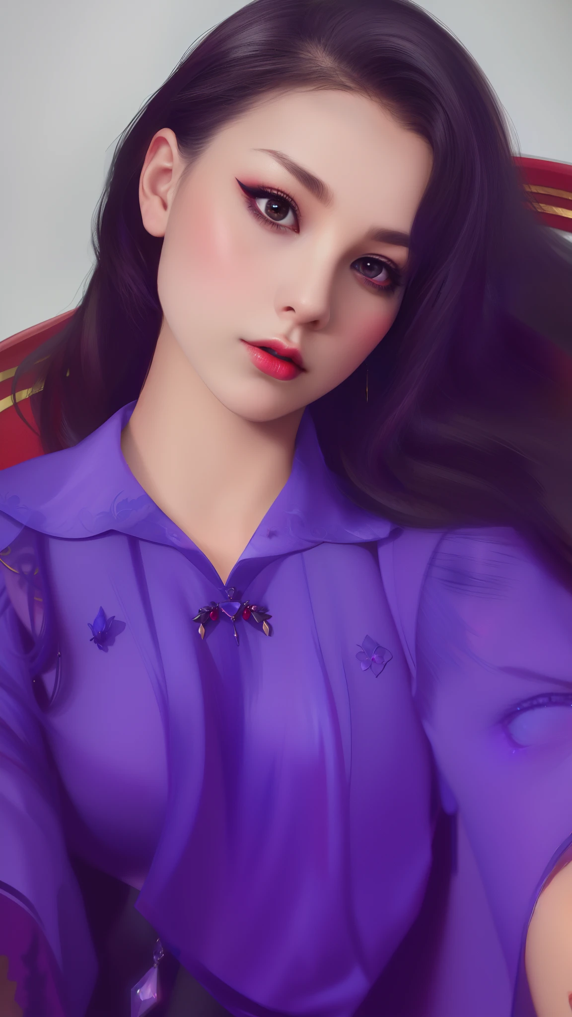 best quality, masterpiece, highres, 1girl, hanfu, lingerie china, hair ornament, necklace, jewelry, Beautiful face, upon_body, tyndall effect, photorealistic, dark studio, rim lighting, two tone lighting, (high detailed skin:1.2), 8k uhd, dslr, soft lighting, high quality, volumetric lighting, candid, Photograph, high resolution, 4k, 8k, Bokeh, (light pink lips), 1 beautiful devil woman from hell, In the Dark: 1.6), surreal female portrait by David Hockney and Alphonse Mucha, fantasy art, photorealism, dynamic lighting, artstation, poster, volumetric lighting, very detailed faces, 8k ultra, Awarded, in the dark, deep shadow, low key, cowboy lens, (Red phoenix dress: 1.4), long hair, black hair, bust, luxurious palace, Royal style, devil crown, red eyes make up very sharp and detailed, The most beautiful face, The breasts are very big and round and round, Super realistic, chinese women's clothing, polo neck sweater, Charming smile, The eyes are very well made up, guweiz, devil style, wearing black mesh socks, Ponytail with a bow tied at the back of the hair, Red black lips, Devil tattoo on shoulder, wearing a thin red and black, robe, the landscape is overcast and thunderous, (Portrait), Close-up of the main character, (Background details 1.8),