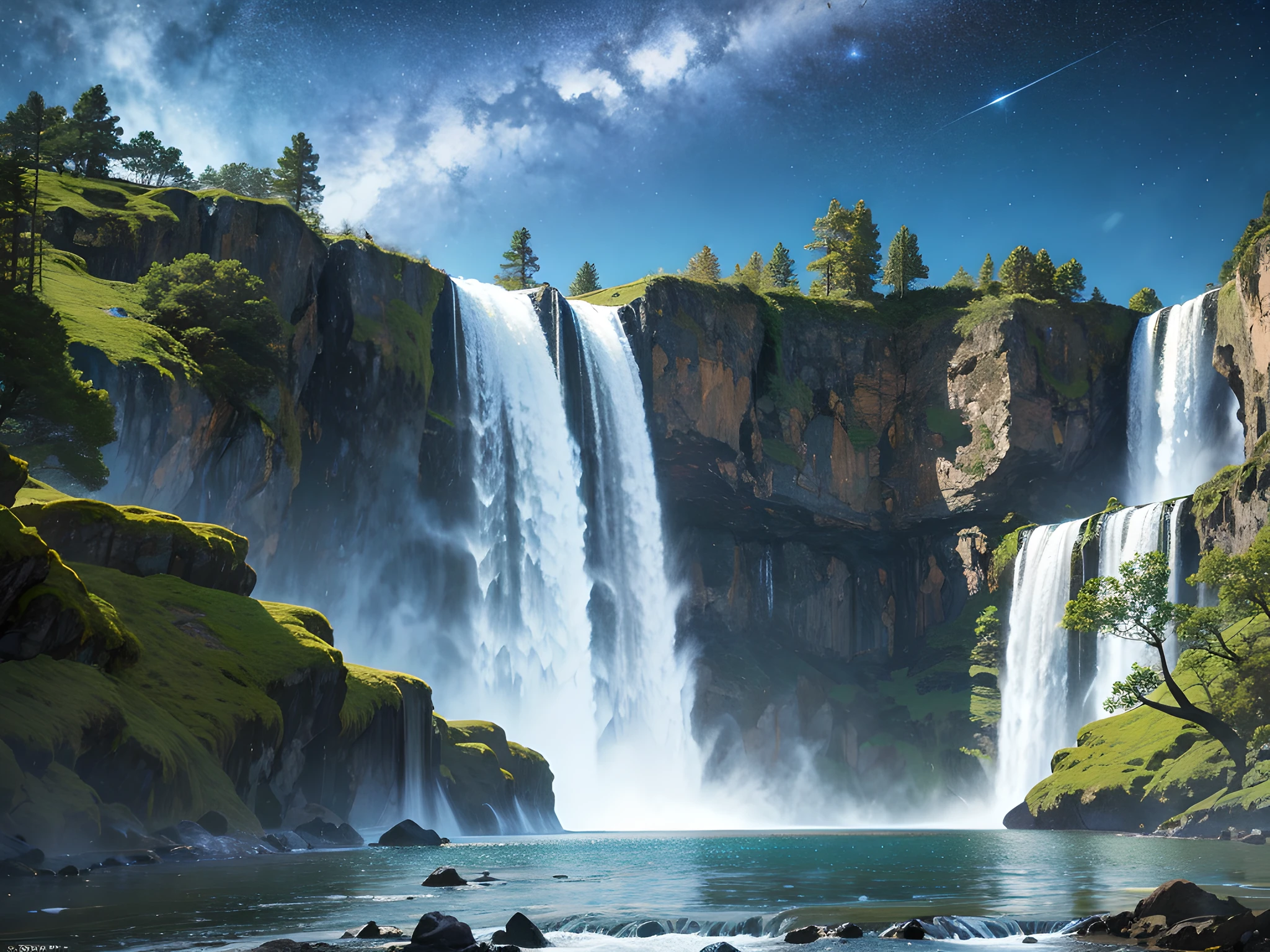 huge astonishing starry waterfall, landscapes, UHD, best quality, masterpiece, award winning